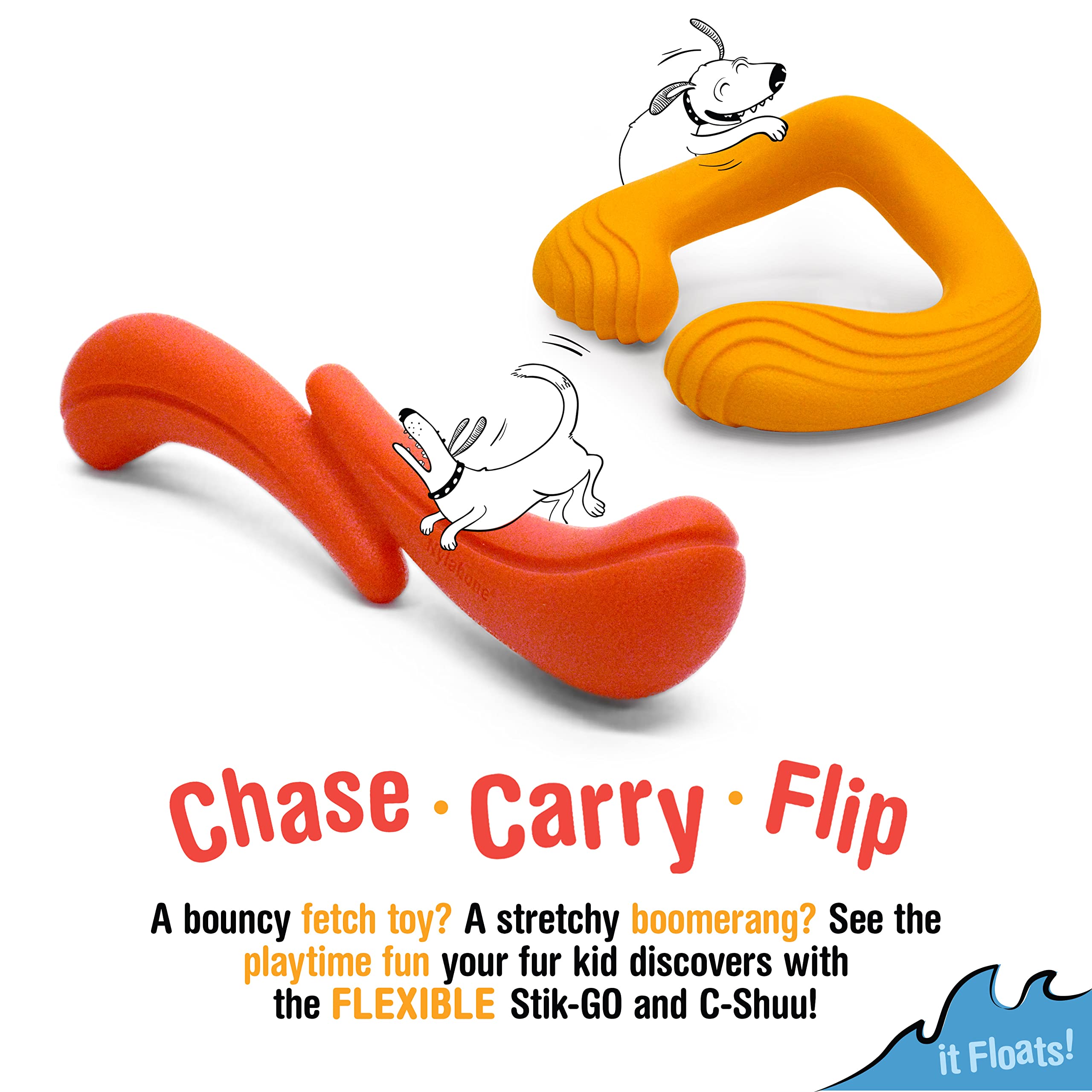 Nylabone Stik-GO y C-Shuu Paquete de juguetes interactivos para perros para enriquecimiento de perros - Juguetes flexibles flotables para juegos creativos y ejercicios para perros (Stik-GO y C-Shuuu)