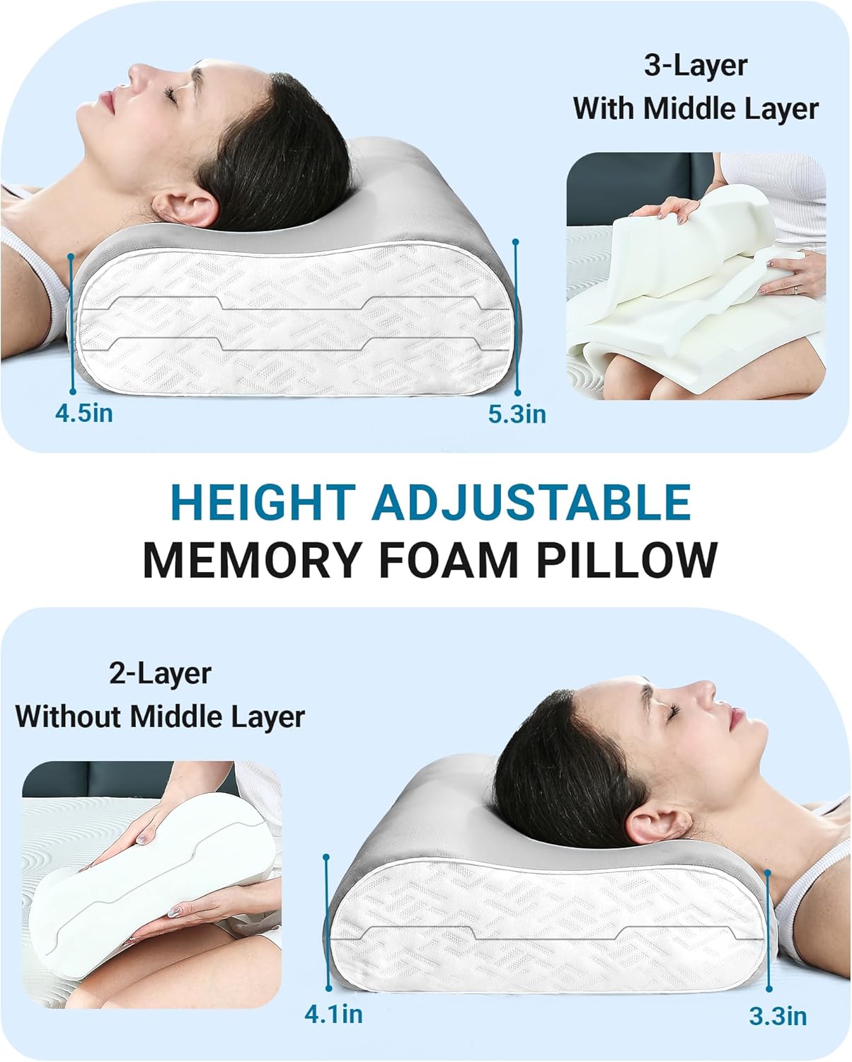 Elviros Memory Foam Pillows for Neck Pain Relief, Adjustable Height Cooling Bed Pillow for Sleeping, Ergonomic Orthopedic Cervical Neck Pillow for Side and Back Sleepers, Queen Size, 23.6"×14"×5.3"