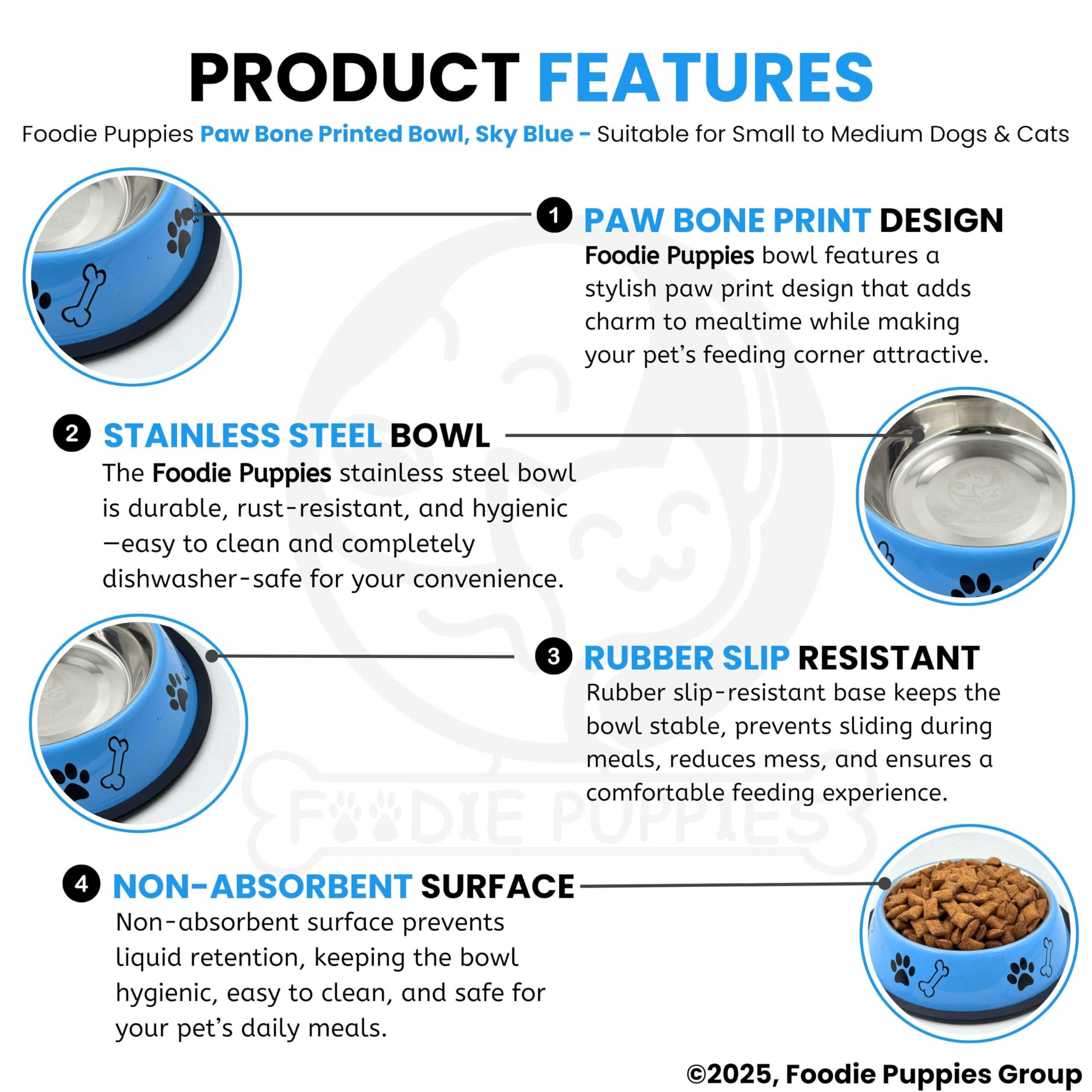 Foodie Puppies Stainless Steel Paw Bone Printed Bowl for Dogs, Cats & Any Pets - 700ml, Medium (Sky Blue) I Non-Skid Rubber Bottom Food/Water Bowl I Non-Toxic & 100% Safe for Pets 2