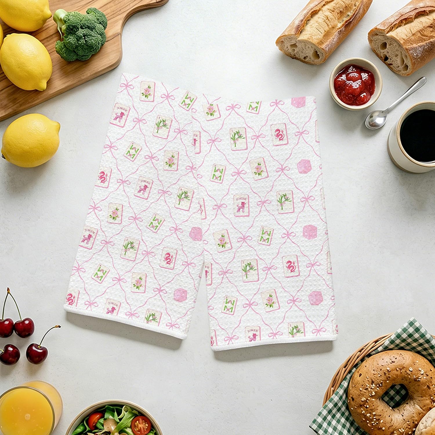 Pink Bow Mahjong Themed Decorative Hand Towels for Bathroom Kitchen Set of 2 - Funny Cute Mahjong Gifts for Women Unique Ideas,House Warming Gifts New Apartment image 3