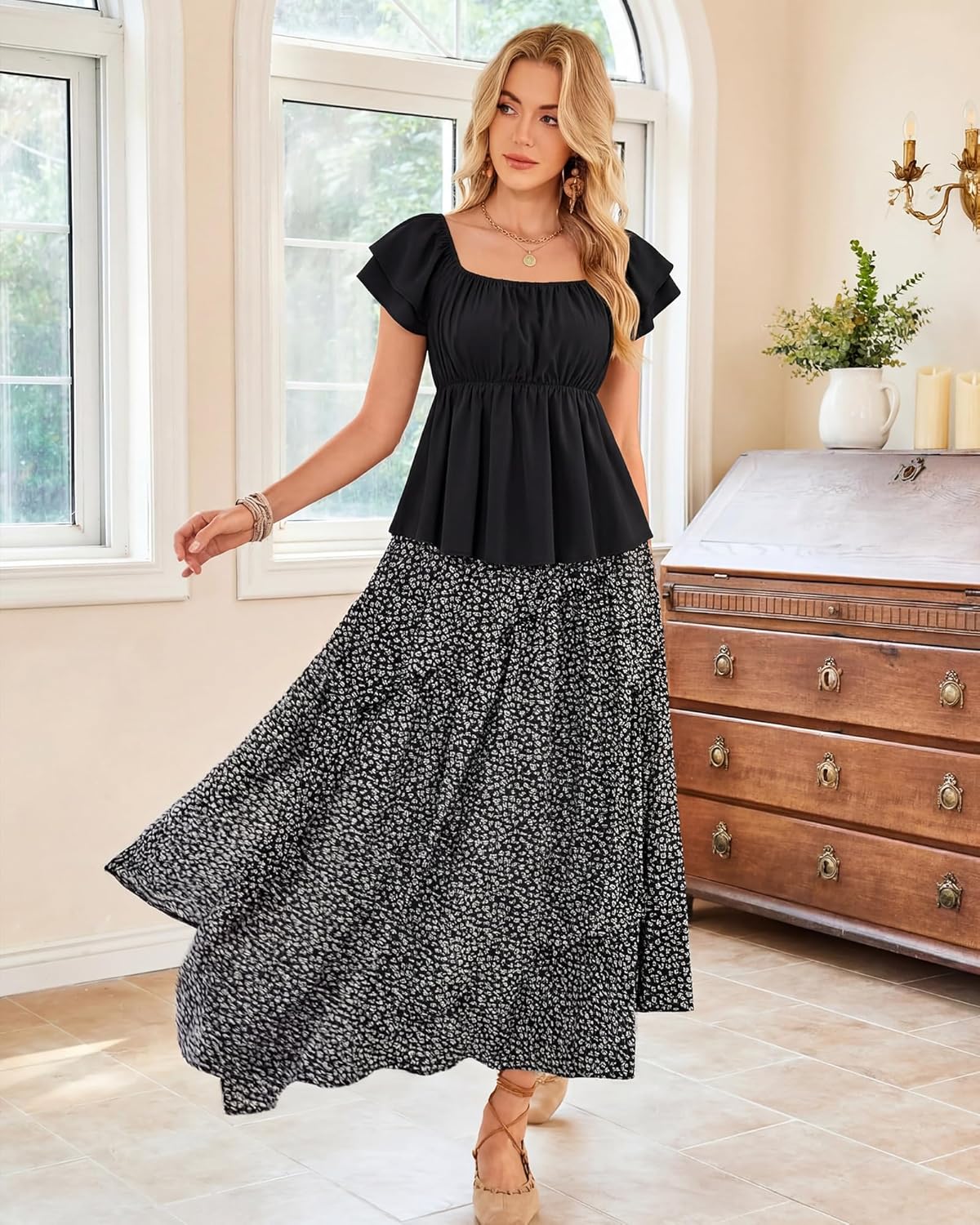 Women's Off Shoulder Boho Floral Blouse Short Sleeve Flowy Dressy Casual Top - Image 3