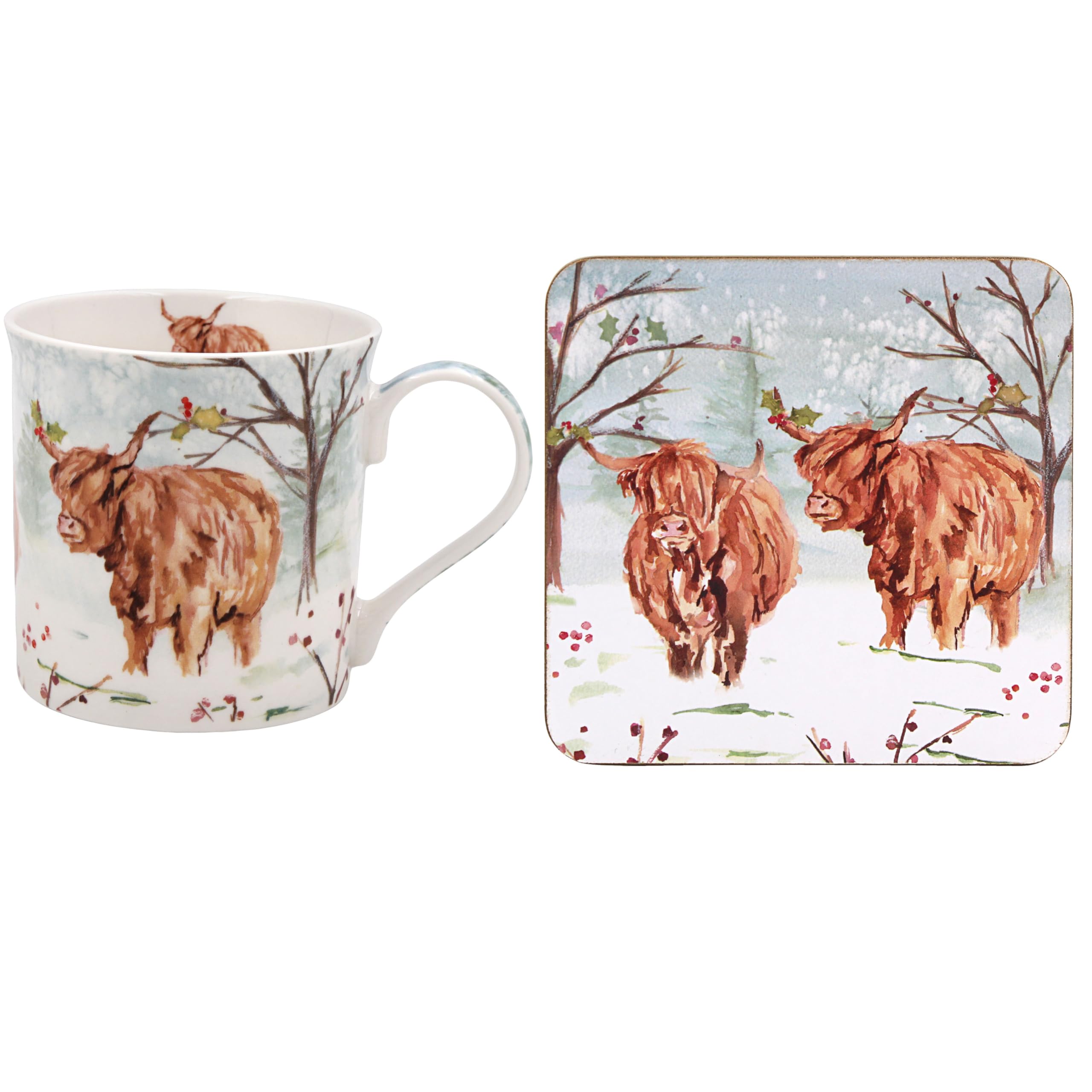 The Leonardo Collection Women's White Highland Cow Mug & Coaster For Hot Drinks | Reusable Fine China Coffee Cups For Kitchen & Home | Printed Tea Mugs For Every Occasion | Durable Cup For All Types Of Beverages