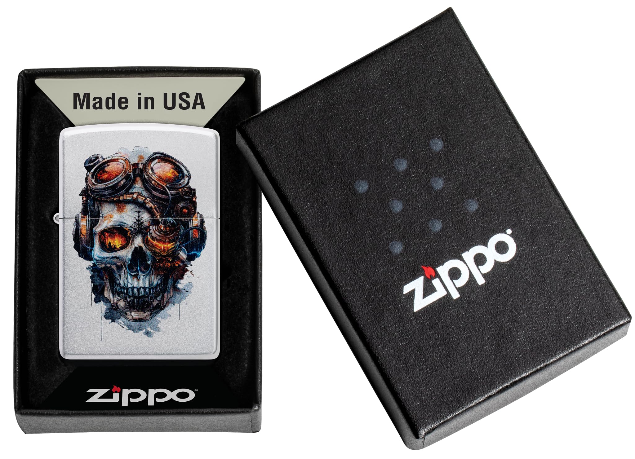 Zippo - Accendino antivento, catena 3D e ruota dentata, nero opaco, emblema, ricaricabile, riutilizzabile, design antivento, confezione regalo, Made in USA