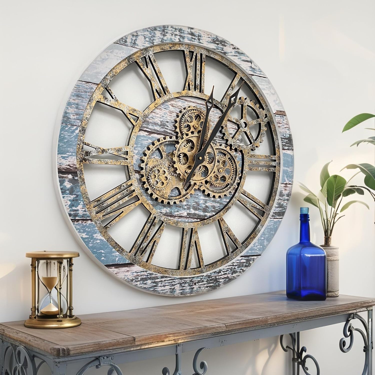 ImprovingLife The Gears Clock The Original Real Moving Gear Wall Clock Vintage Industrial Oversized Rustic Farmhouse (24 inch (60cm), Vintage Aqua Green and Bronze)