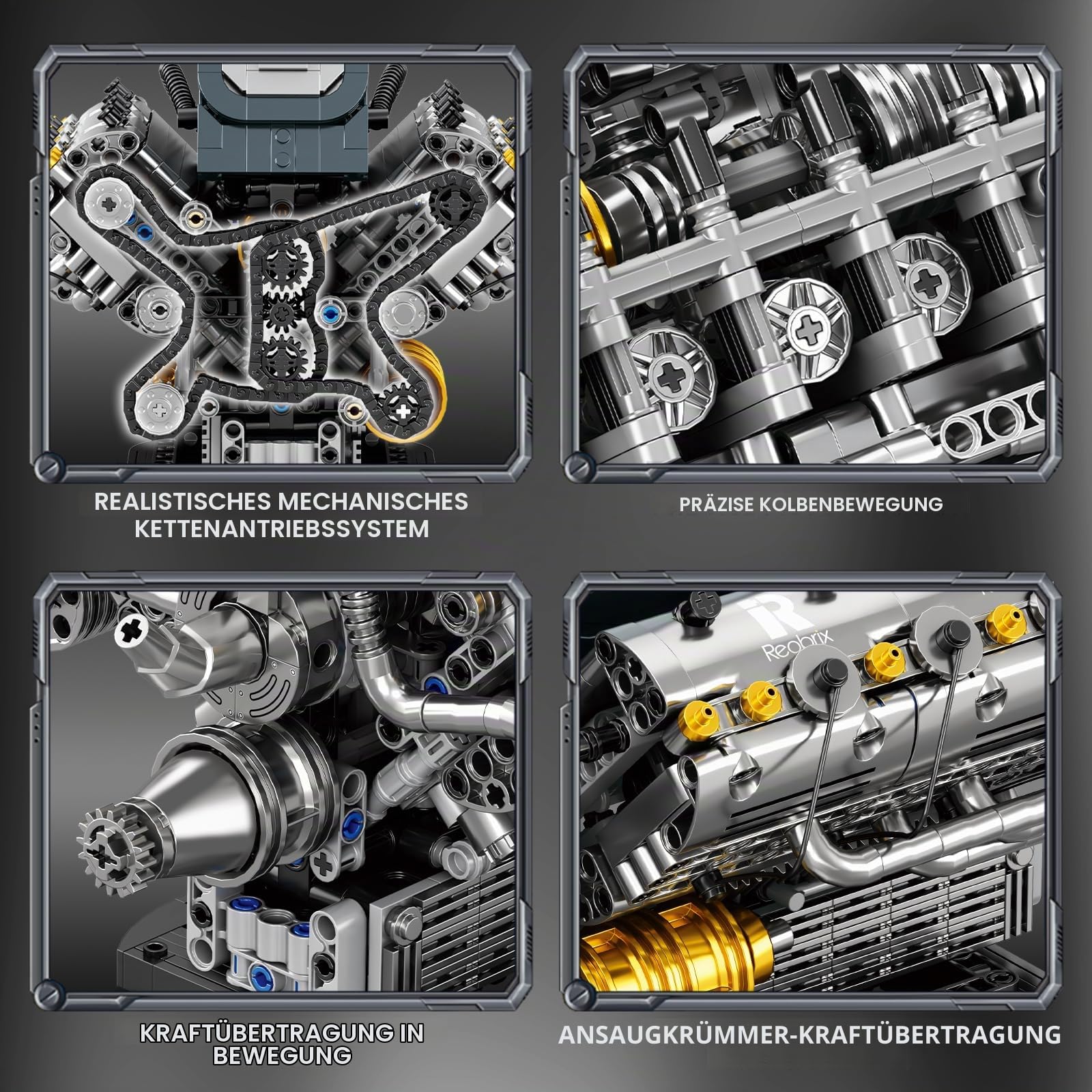Reobrix V6 Motor Bausatz für Erwachsene 33013, Mechanisches Konstruktionsspielzeug, V6 Motor Modellbausatz Technik Motor Geschenk für Erwachsene, Kunst Deko für Zuhause & Büro (1268 Teile)