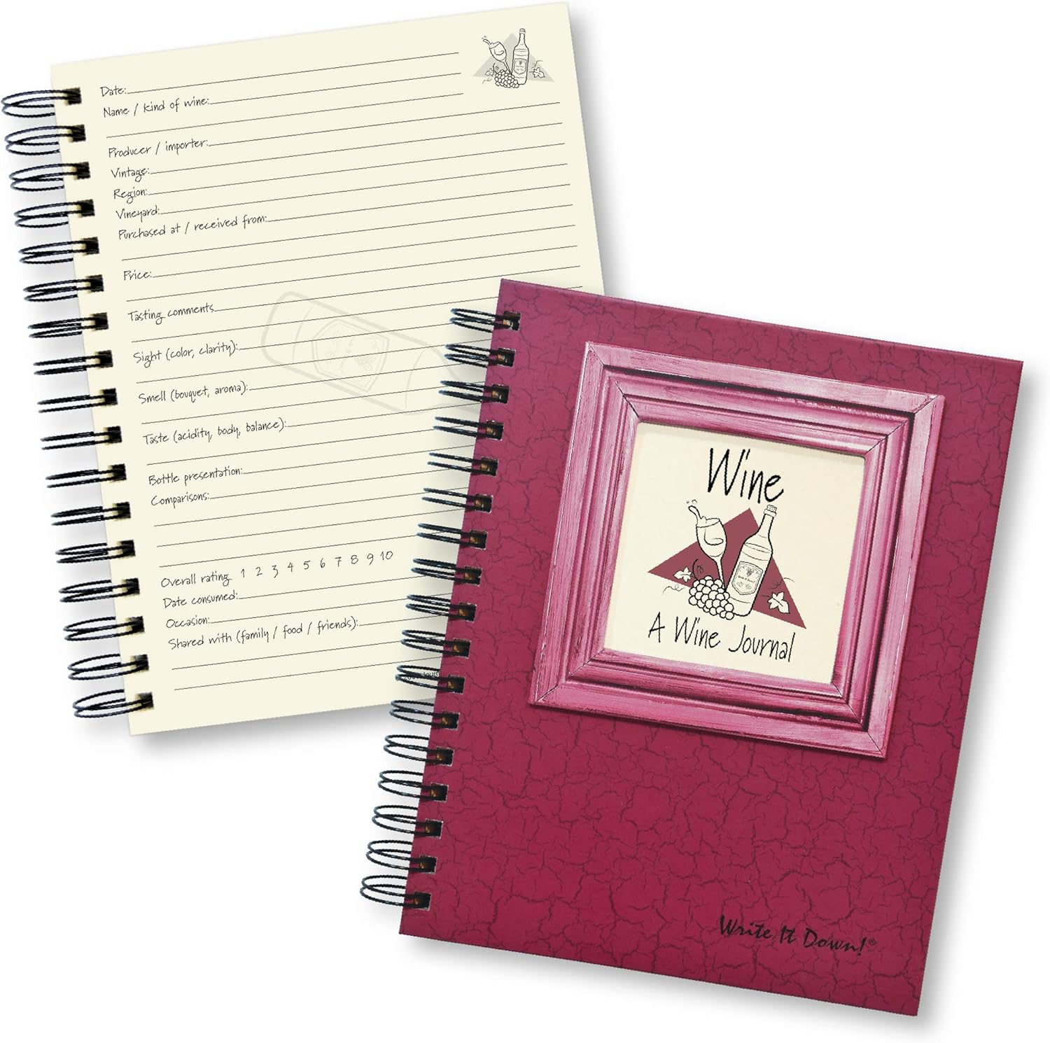 Write it Down series by Journals Unlimited, Guided Journal, Wine, A Wine Journal, Full-size 7.5"x 9", Cranberry Hard Cover, Made in USA