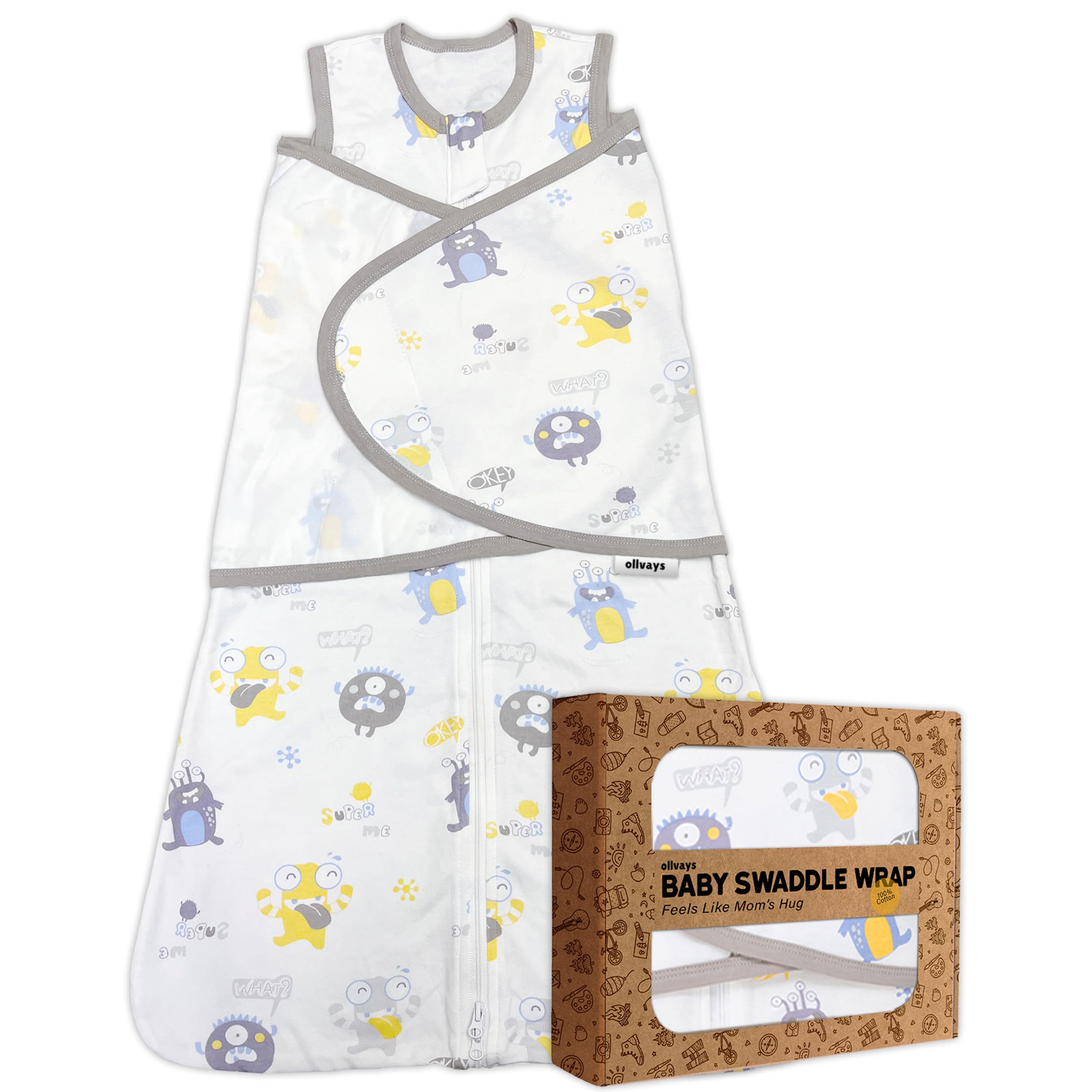 ollvays Newborn Swaddle Sleep Sack, 3–6 Month swaddle 100% Organic Cotton Transitional Swaddle sack with Three-Way Zipper, Easy Night Diaper Changes,
