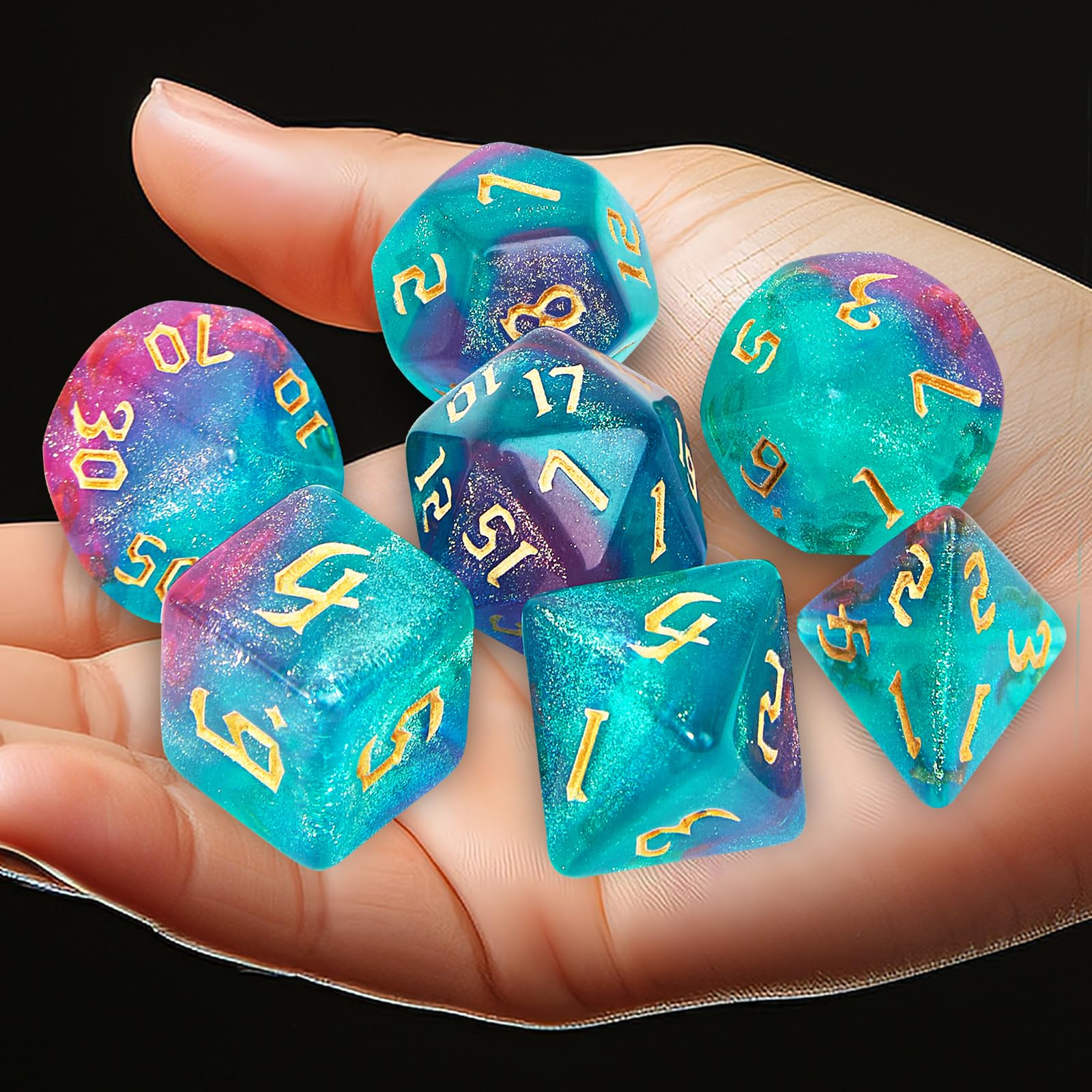 DND Lot de 7 dés polyédriques avec sac à dés noir pour jeux de rôle D&D, RPG, MTG, jeux de table, dés polyédriques pour jeux de Donjons et Dragons (vert et violet + dés nébuleuses)