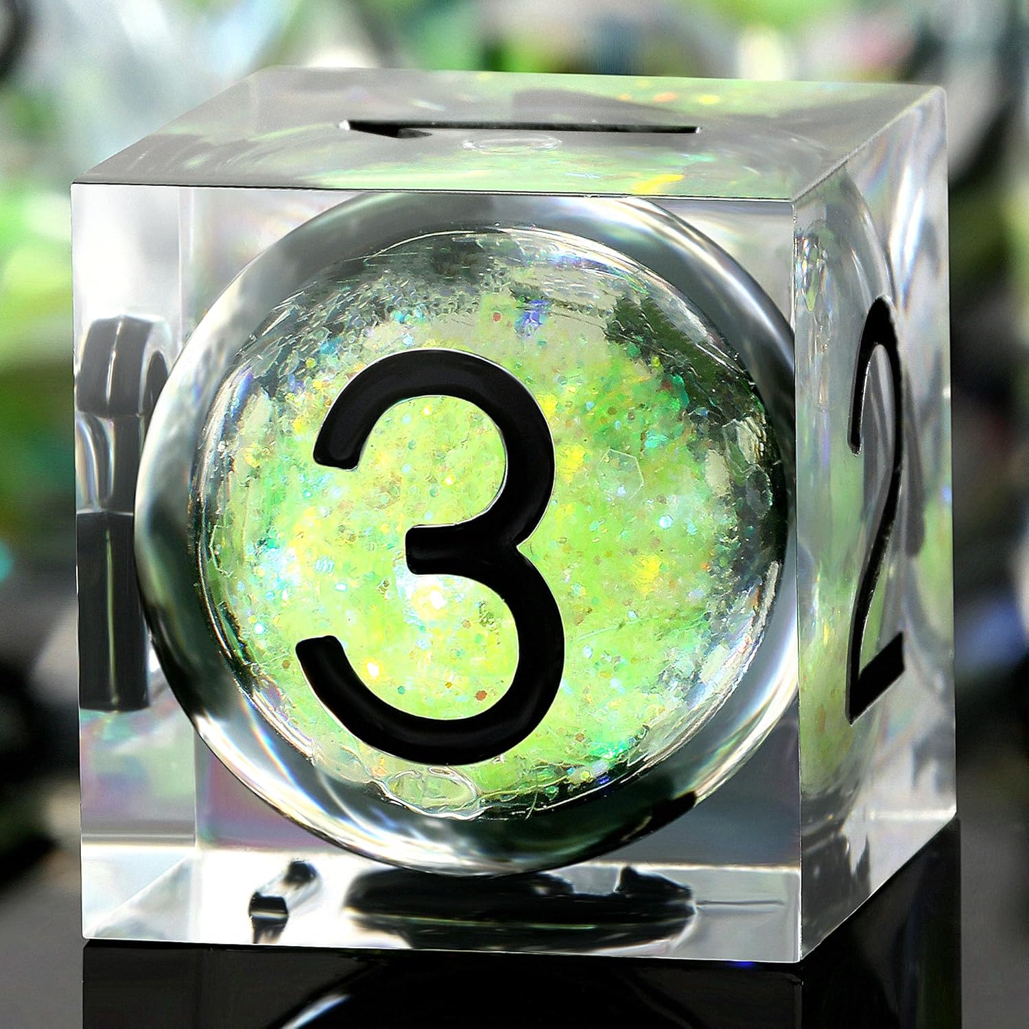 DNDND Luminous Liquid Sharp-Edge Dice Set 7PCS - Clear Resin Polyhedral Dice with Glow-in-the-Dark Green Liquid Orb & Glitter for D&D RPG Table Games （Glow Green