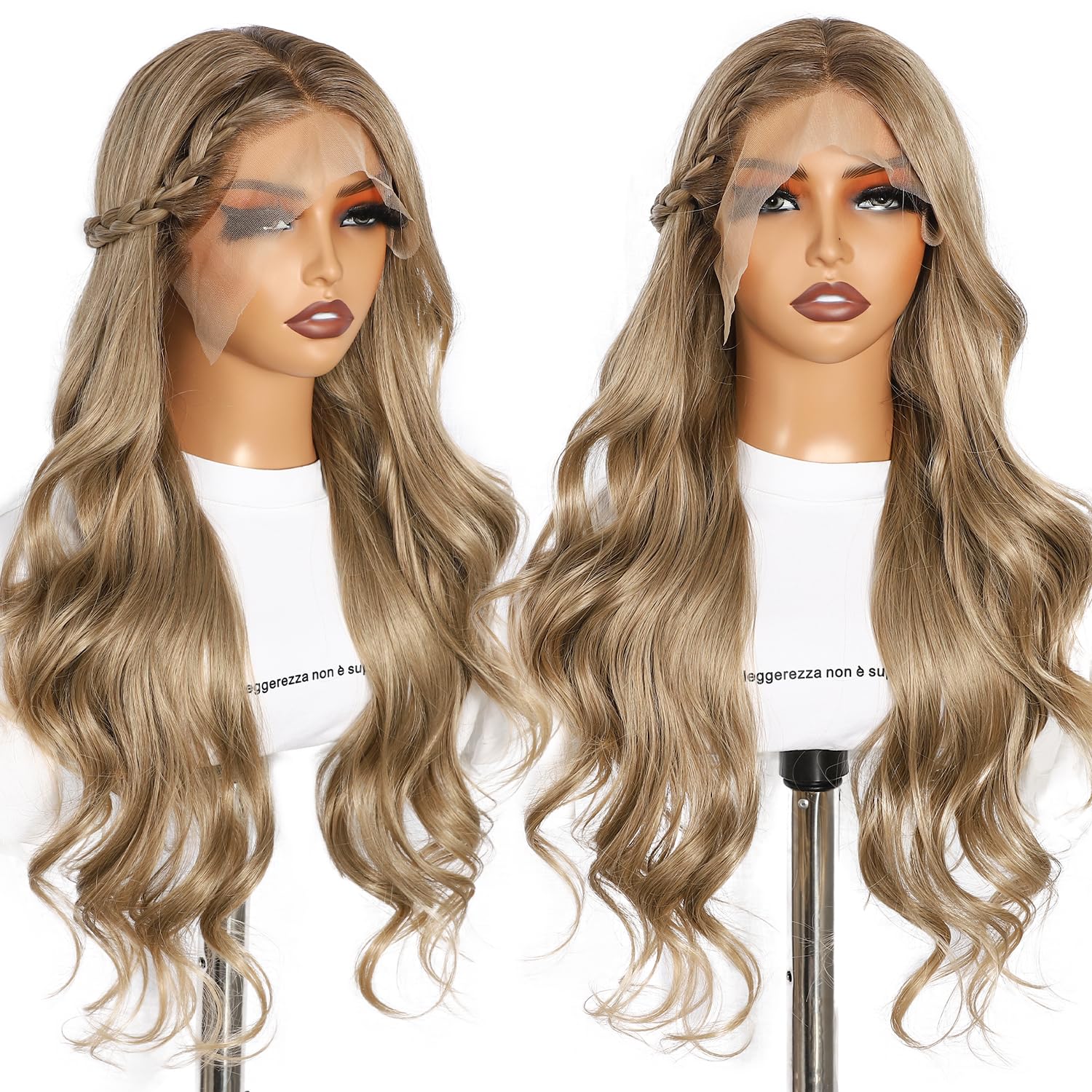 SOMIARIK 13x4 Natural Brown Long Wavy Lace Front Wigs for Women Body Wave Synthetic Wigs Highlight Pre plucked with Baby Hair Around 150% Density Heat Resistant 26 Inch - Image 2