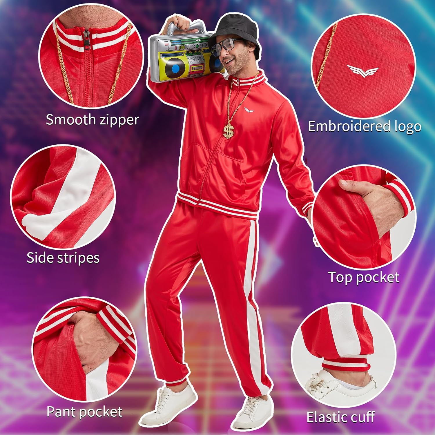 Deaboat 80s Tracksuit for Men - Retro Windbreaker Outfit 90s Mens Track Suits Sportswear Hip Hop Disco Party Costume Set - Image 2