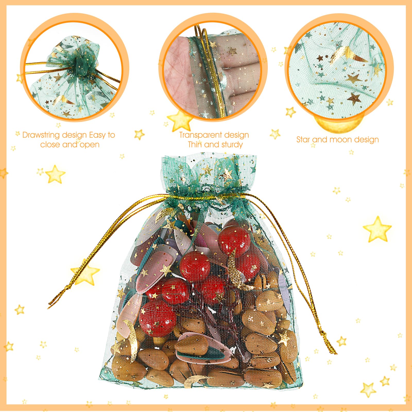 HUMOKI 100 PCS Sacs Organza 12x9cm Étoiles Lune - Pochettes Cadeaux Mariage Anniversaire Noël