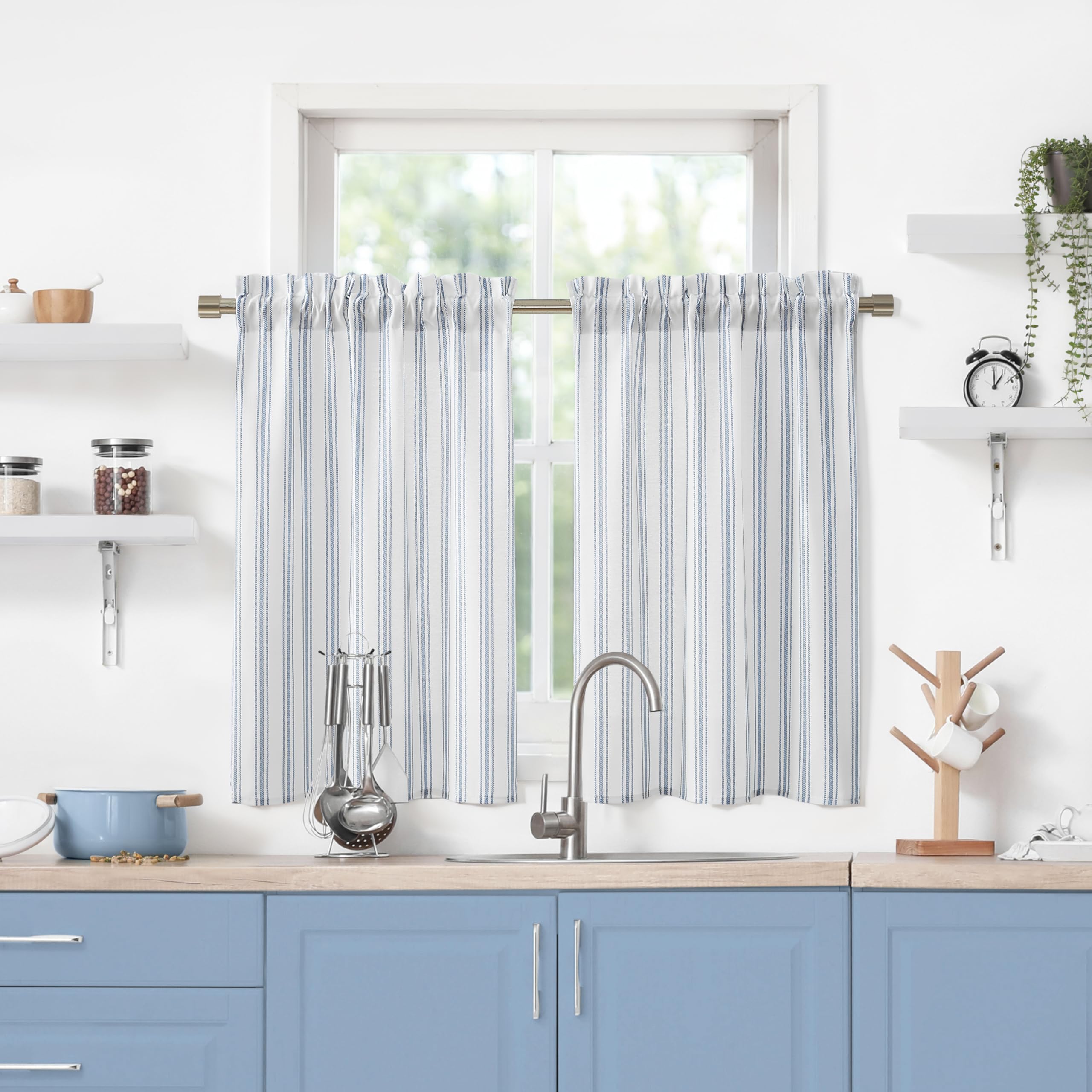ZJDECOR White Semi Sheer Cottage Kitchen Curtains with Blue Stripes,45 Inches Long Small Window Curtain for Farmhouse Kitchen Bathroom RV Windows,Rod Pocket,Blue White,27" Wx45 L(Pack of 2)