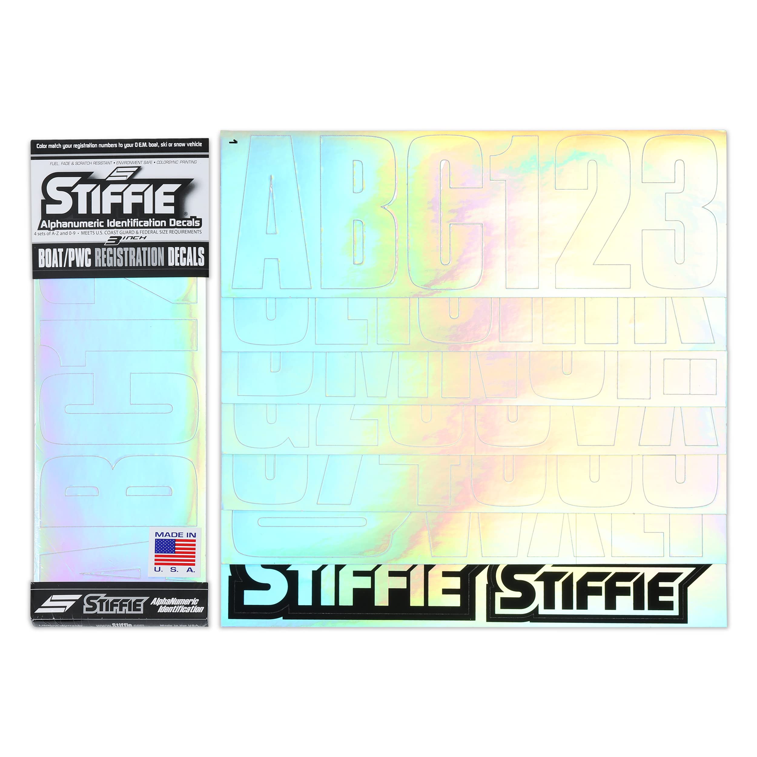 STIFFIE Uniline Rainbow Chrome 3" Boat &amp; PWC Registration Decals • Numbers Letters Stickers