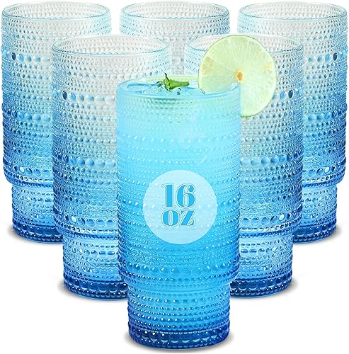 Miniatura 18 de Juego de 6 vasos para beber Hobnail de 16 onzas, vasos de vidrio vintage, vasos de agua transparente, vasos para cocina, jugo, cerveza, cóctel,