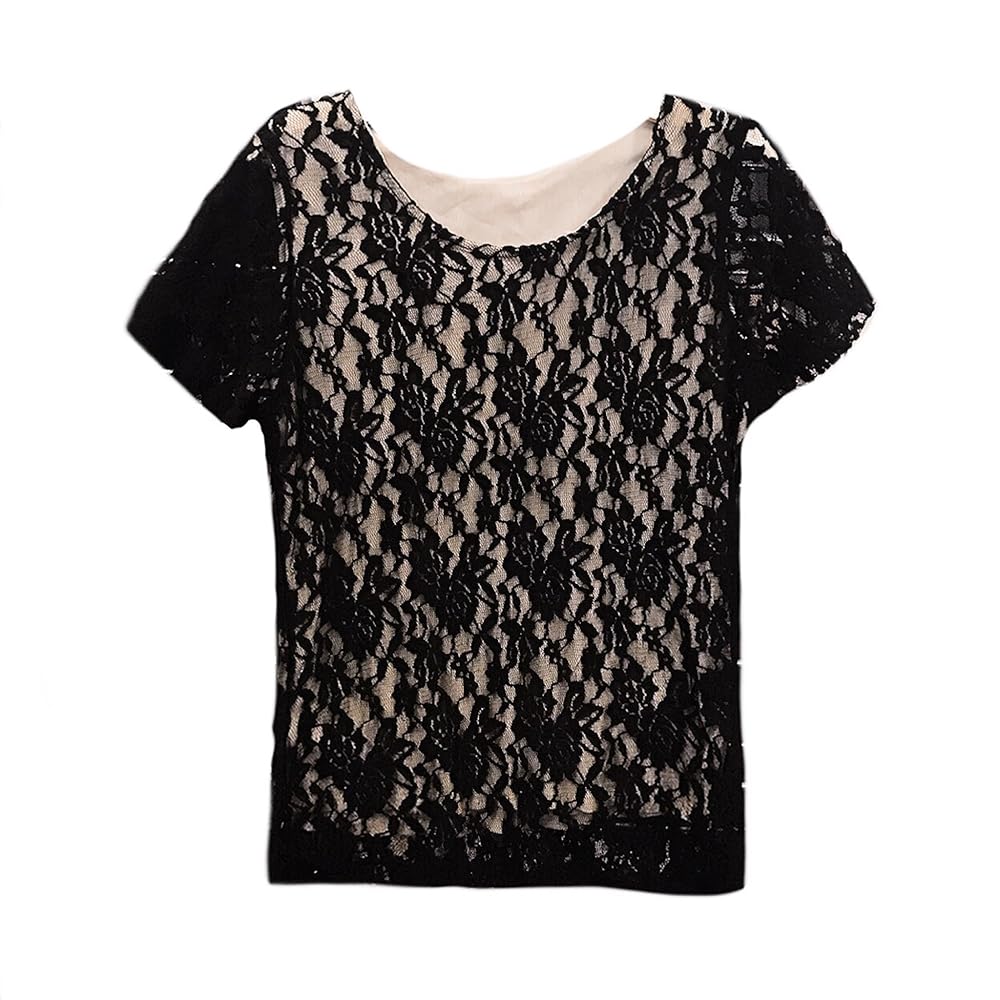 Women's Floral Lace Short Sleeve Top with Lining Scoop