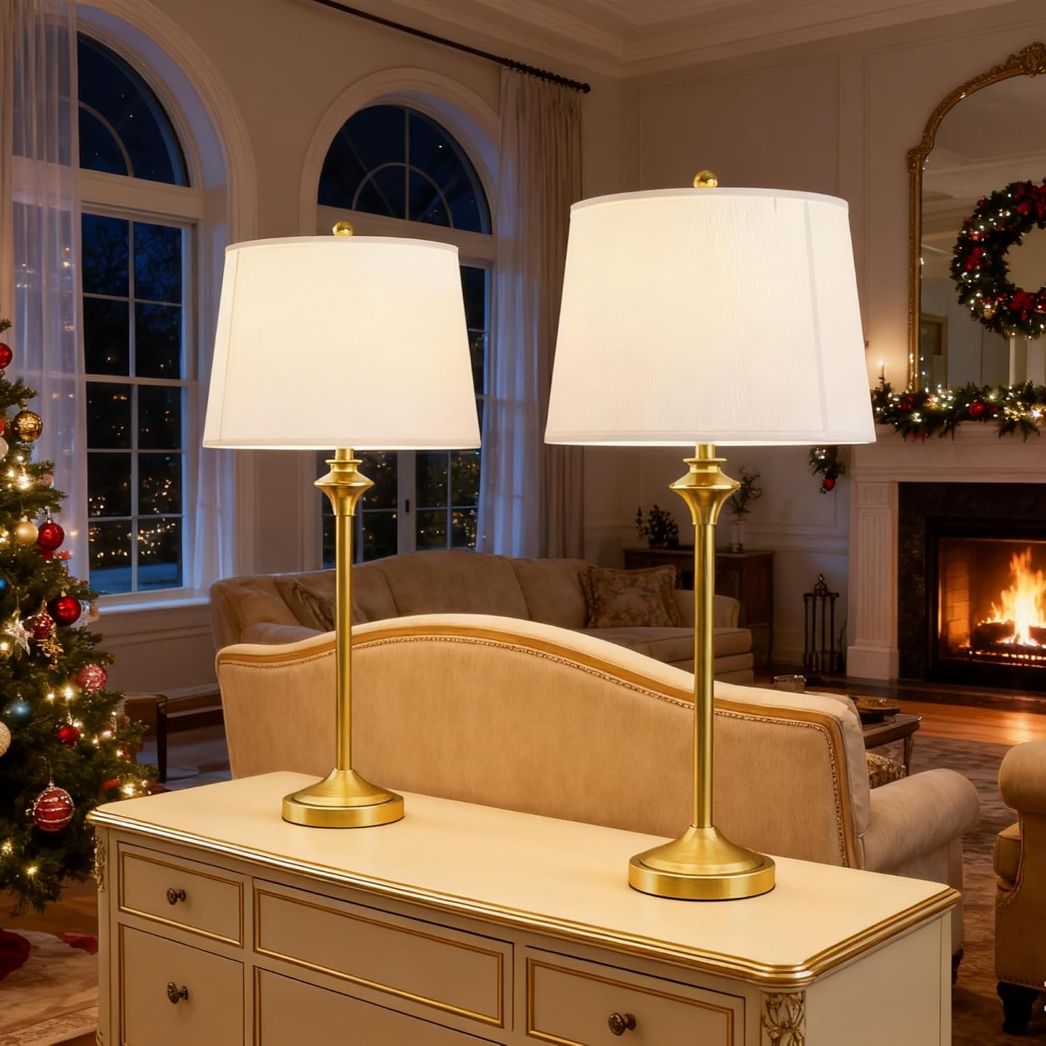 Maxax Brass Gold Table Lamps Set of 2 for Living Room, 26" Modern Buffet Lamps Gold Bedside Nightstand Lamps,Tall End Side Table Lamp with White Shade for Bedroom,Office