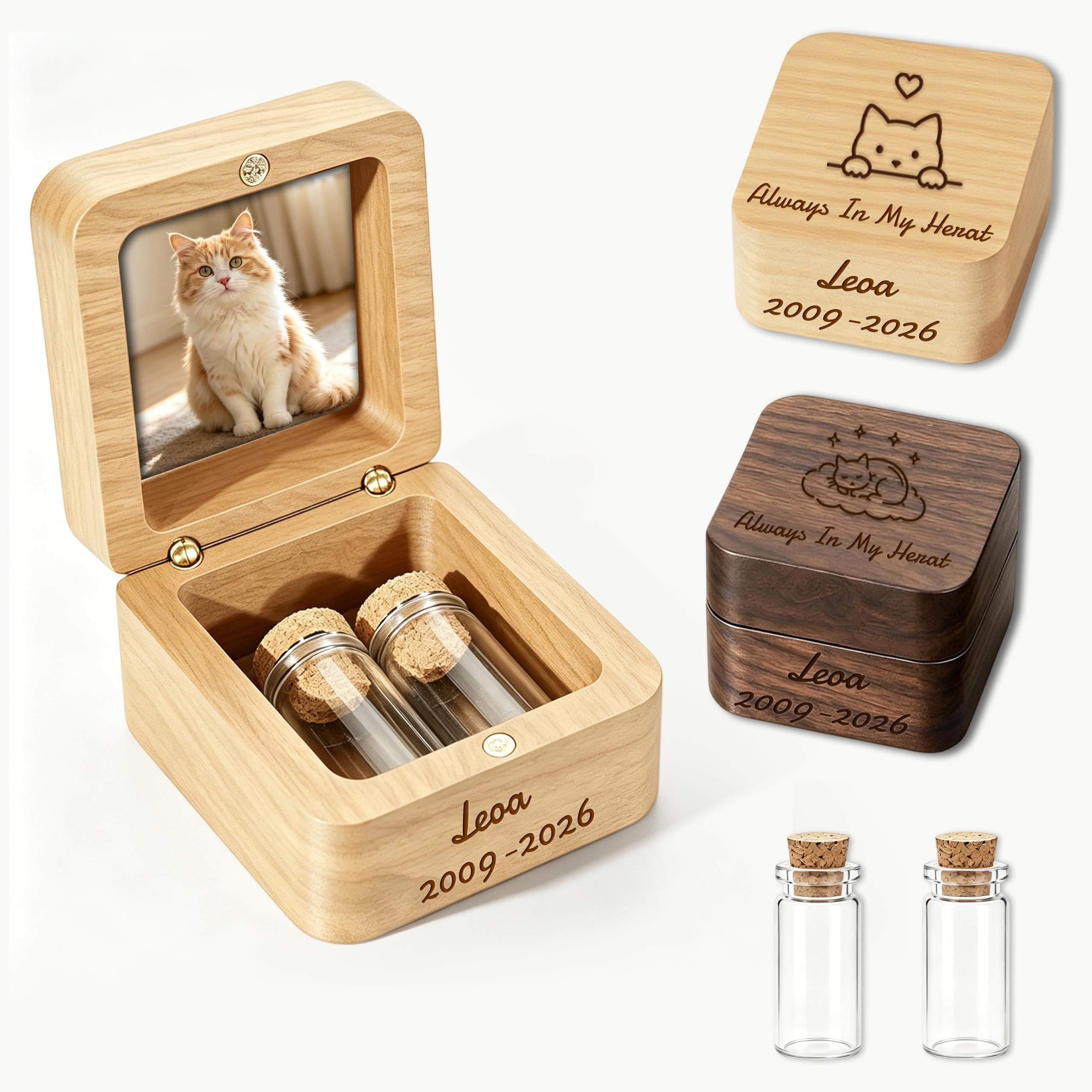 Iwe Custom Wooden Pet Urn for Ashes with Personalised Photo and Text (Cat)