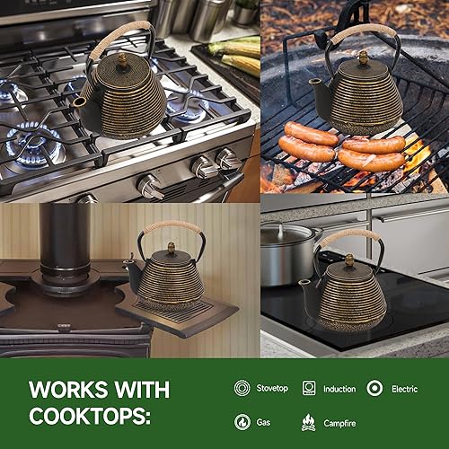 Miniatura 4 de MIDIMORI - Tetera de hierro fundido con clip para tapa de tetera, estufa japonesa de hierro fundido recubierto con interior esmaltado, tetera con