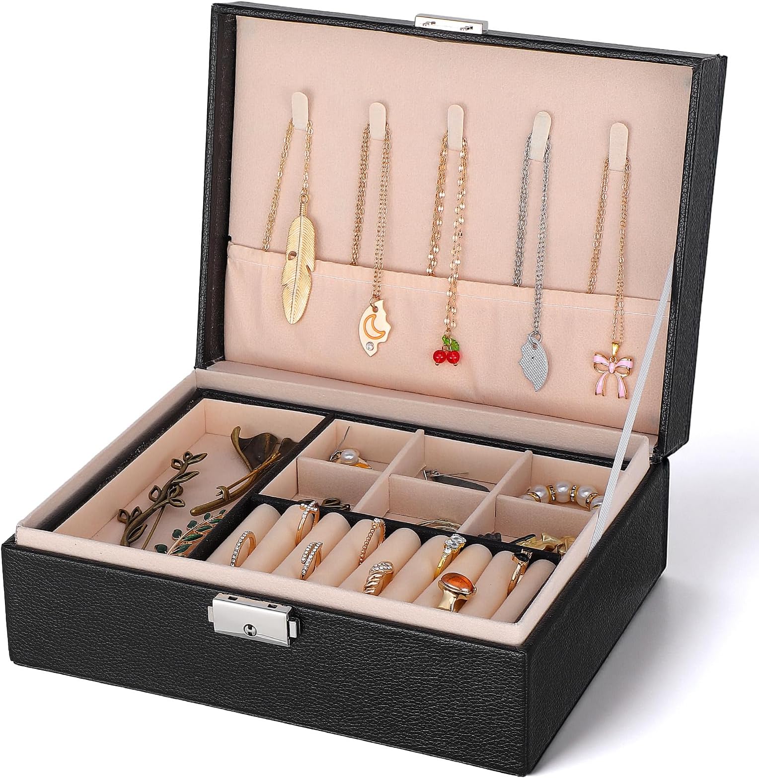 QFGasre Jewelry Box Organizer for Men Women, PU Leather Jewelry Display Watch Storage Case Black Classic Large Jewellery Holder for Watches Necklace Bracelets Earrings