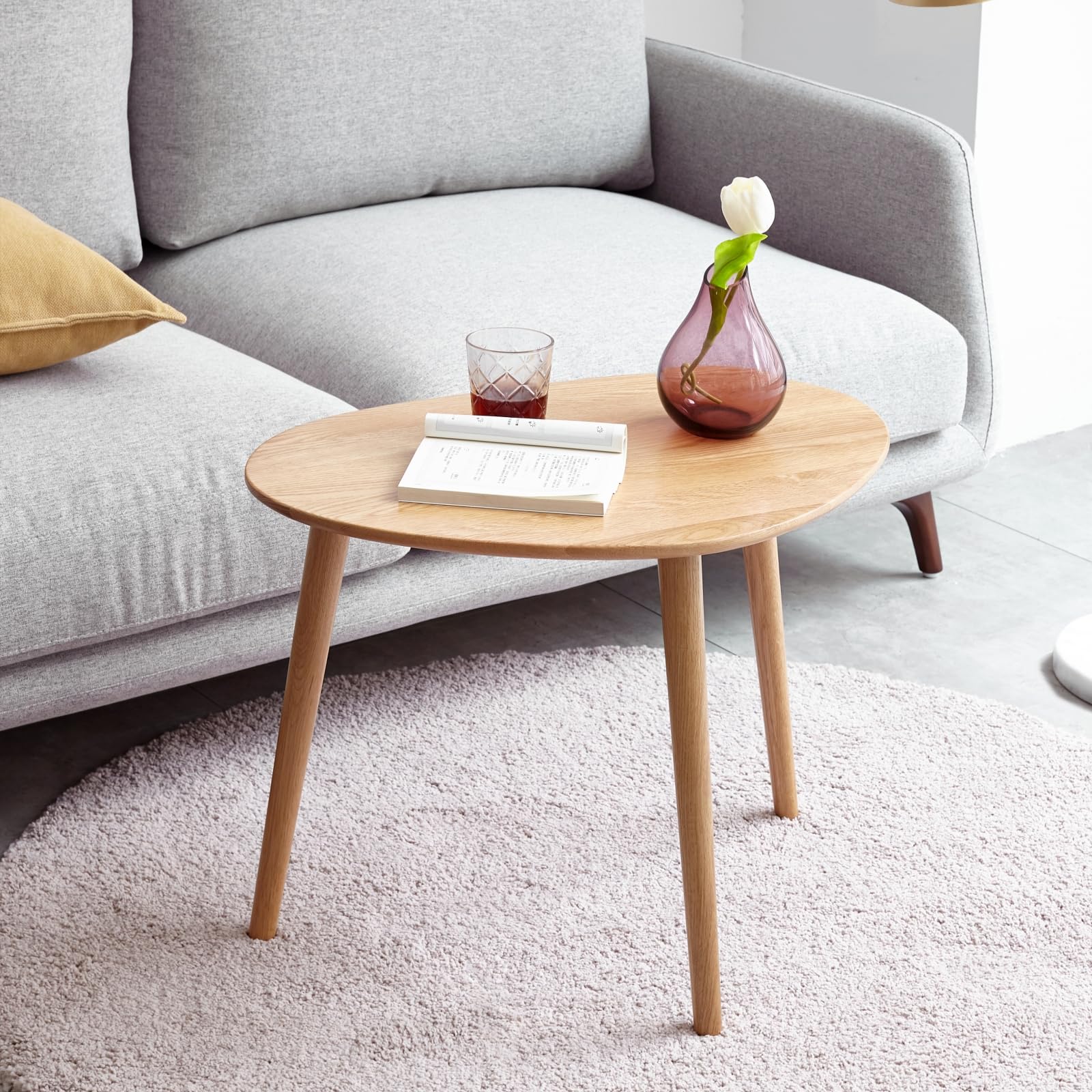 small oval coffee table, mid century modern coffee table for living room, 100% solid oak wood side table end tables for home (natural color, 19.68" wx13.38 dx17.71 h)