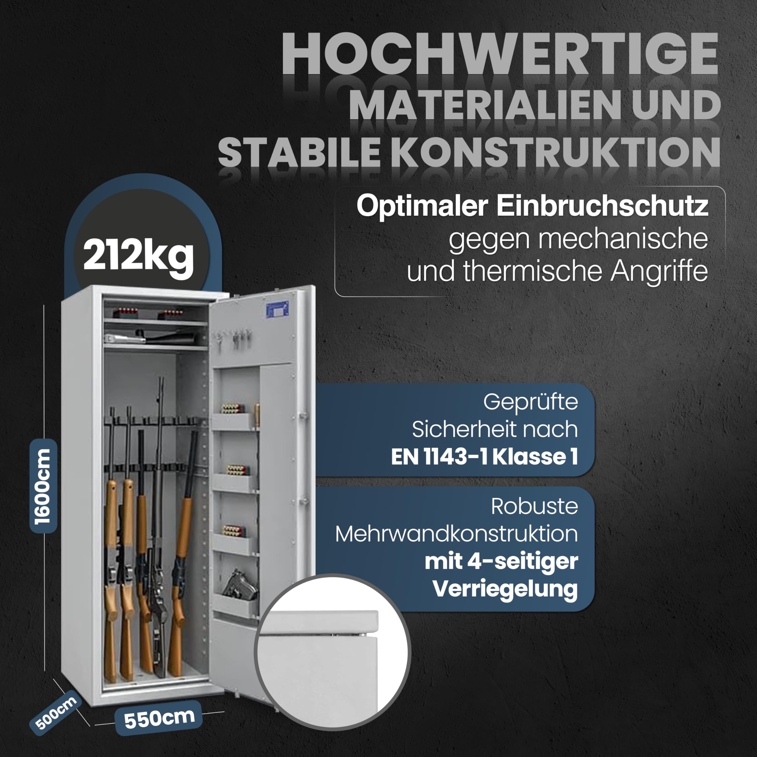 Waffenschrank Klasse 1 EN 1143-1 für 16 Langwaffen, Kurzwaffen & Munition | 1600x550x500mm (Doppelbartschloss mit 2 Schlüsseln)