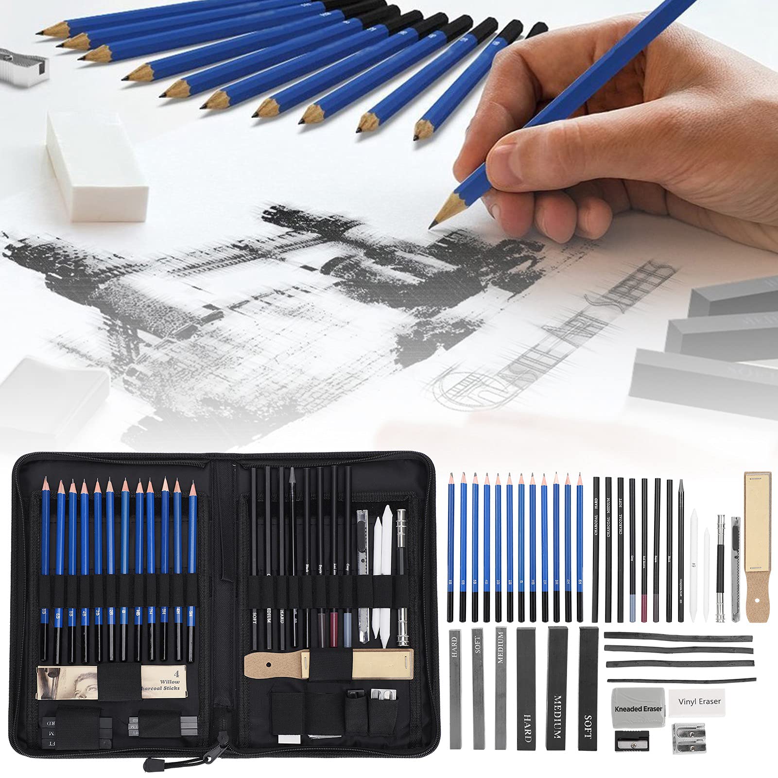 Alvinlite Ensemble de Crayons à Dessin, 40 pièces Kit de Croquis d'artiste de Fournitures d'art Professionnel pour Enfants, Adultes et Artistes
