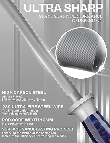 Miniatura 10 de WILDMOK Varilla de acero para afilar cuchillos de acero de 9 pulgadas, barra de afilador de cuchillos de acero al carbono premium, fácil de usar