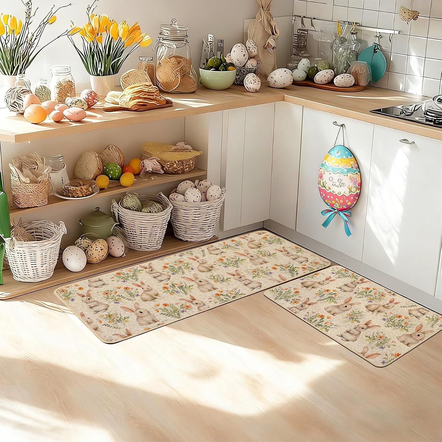 Baccessor Easter Bunny Kitchen Mats Set of 2,Easter Cute Rabbits Spring Floral Eggs Kitchen Rugs Non Slip Low-Profile Washable for Floor Farmhouse Home Decor 17x29 and 17x47 Inch