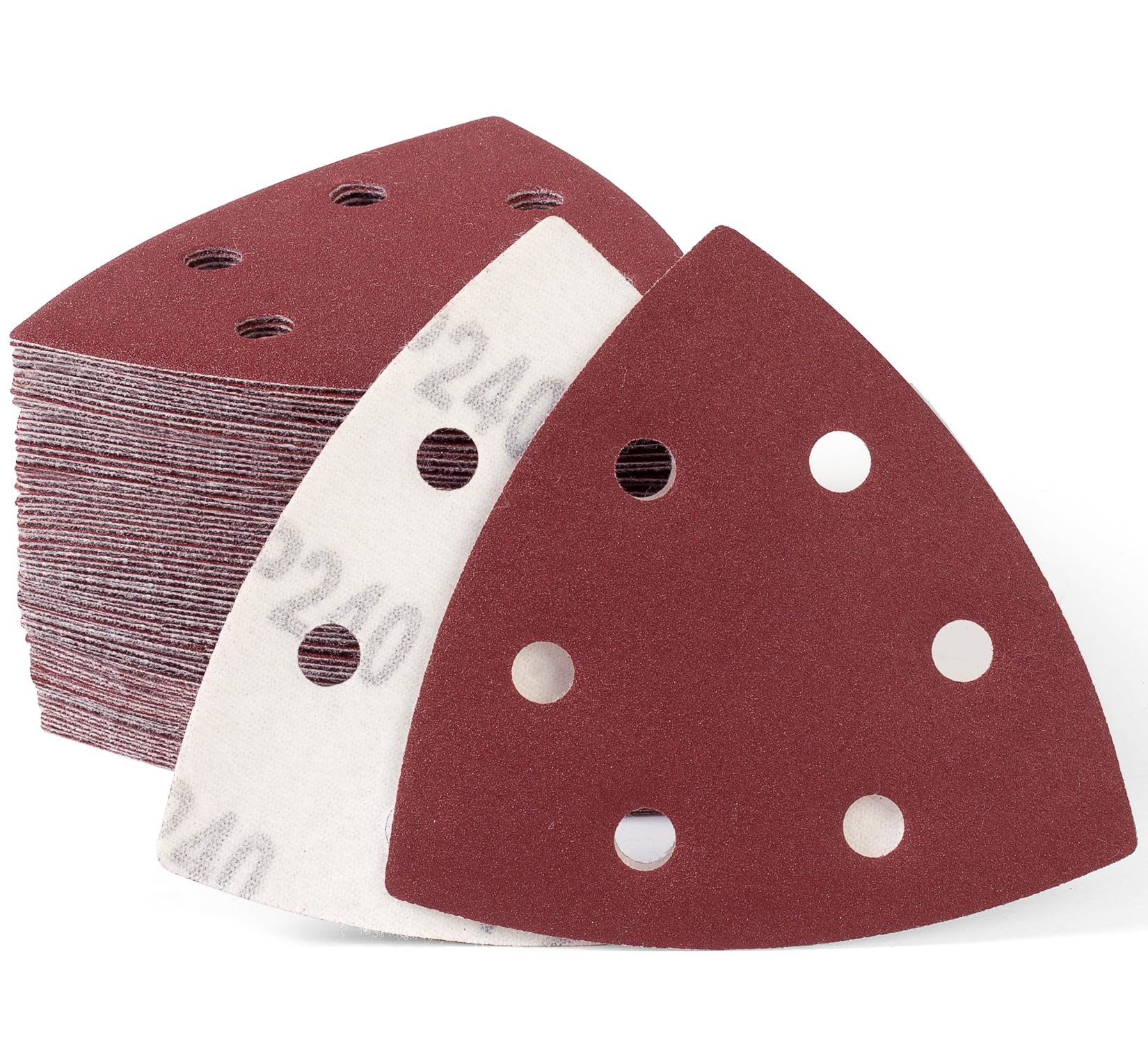 SATC 60 PCS 93mm Delta-Triangle Sanding Sheets 240 Grit Detail Sander Pads Durable Dust-Free 6-Holes Sander Sandpaper Hook and Loop Triangle Sanding 93 x 93 x 93mm