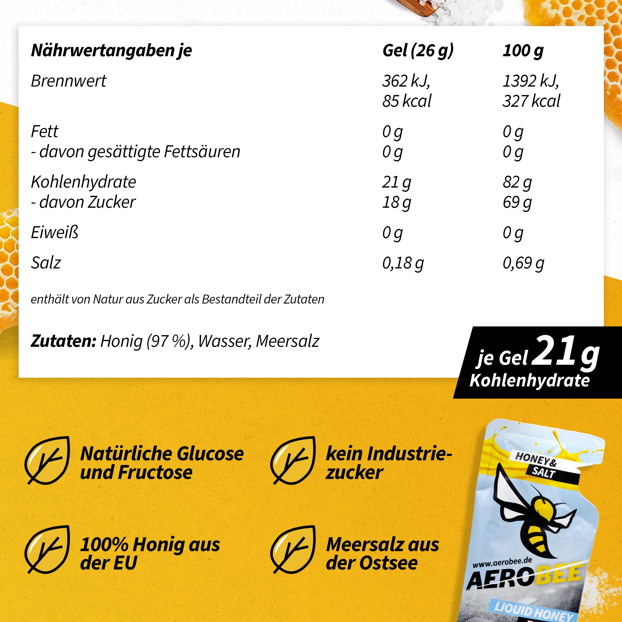 AEROBEE Energy Liquid Gel - Honey & Salt 10x26g [100% Natürliches Energie aus Honig] richtig leckeres Sportgel für den Ausdauersport, Energy Gel Laufen, Power Sport, Kohlenhydrate