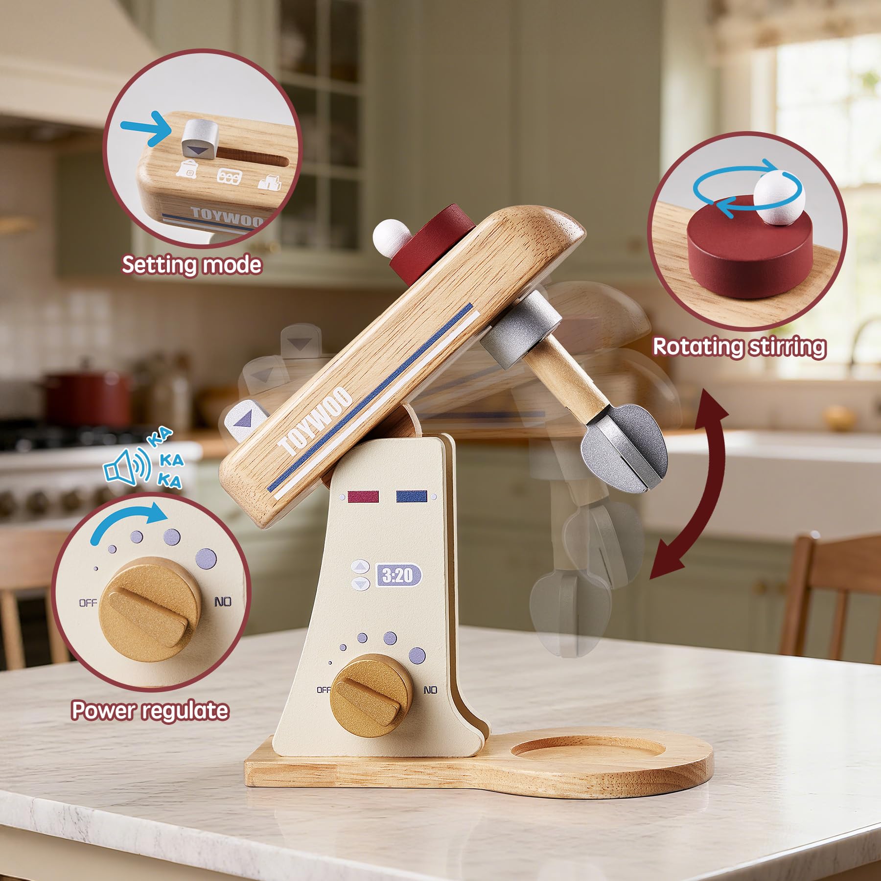 Mélangeur de jouets en bois pour enfants - Accessoires de cuisine en bois avec fouet, batteurs traditionnels, crochets à pâte, ensemble de cuisine - Cadeau pour garçons et filles à partir de 3 ans