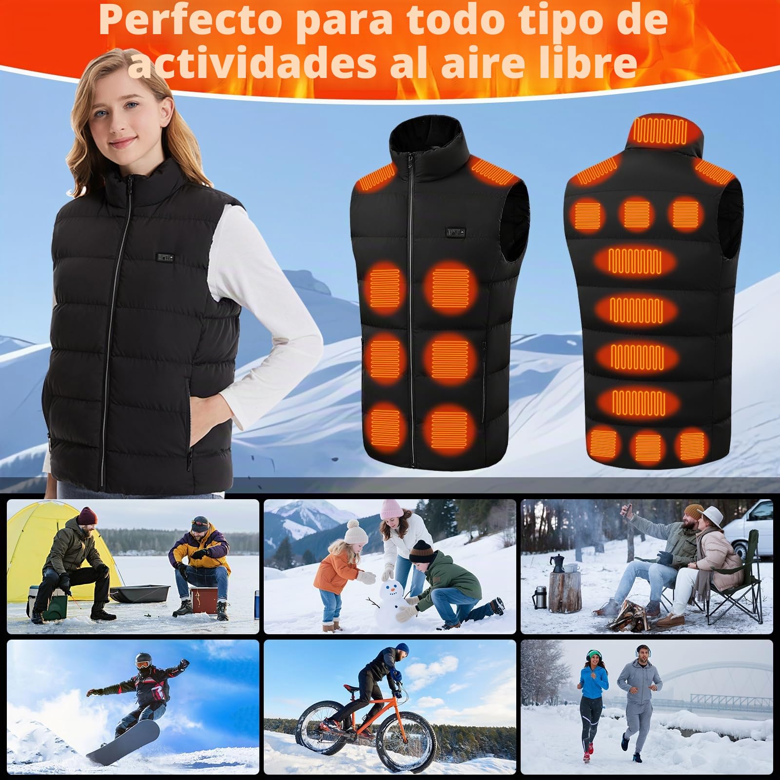 Chaleco Calefactable Unisex Hombre Mujer, Chaleco Calefactable Eléctrico con 3 Temperaturas 21 Zonas de Calefacción Chaqueta Calefactable con Carga USB para Esquí Senderismo y Pesca(Sin Batería)