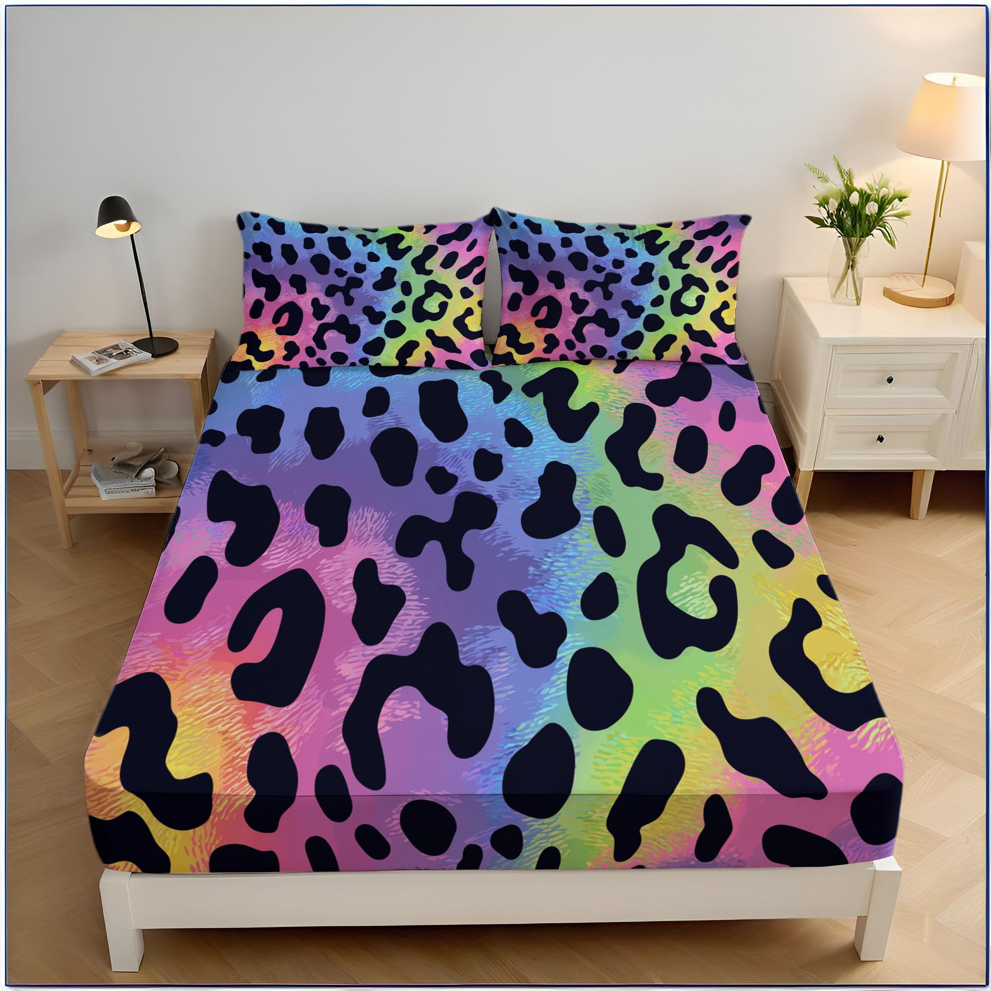 Drap housse 140x200 microfibre imprimé léopard arc-en-ciel pour matelas épais
