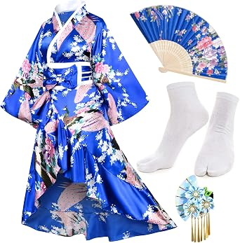 Womens Kimono Robe Geisha Yukata Sweet Tuxedo Ruffle Dress Blossom Satin Bathrobe Sleepwear Fans Tabi Socks Set