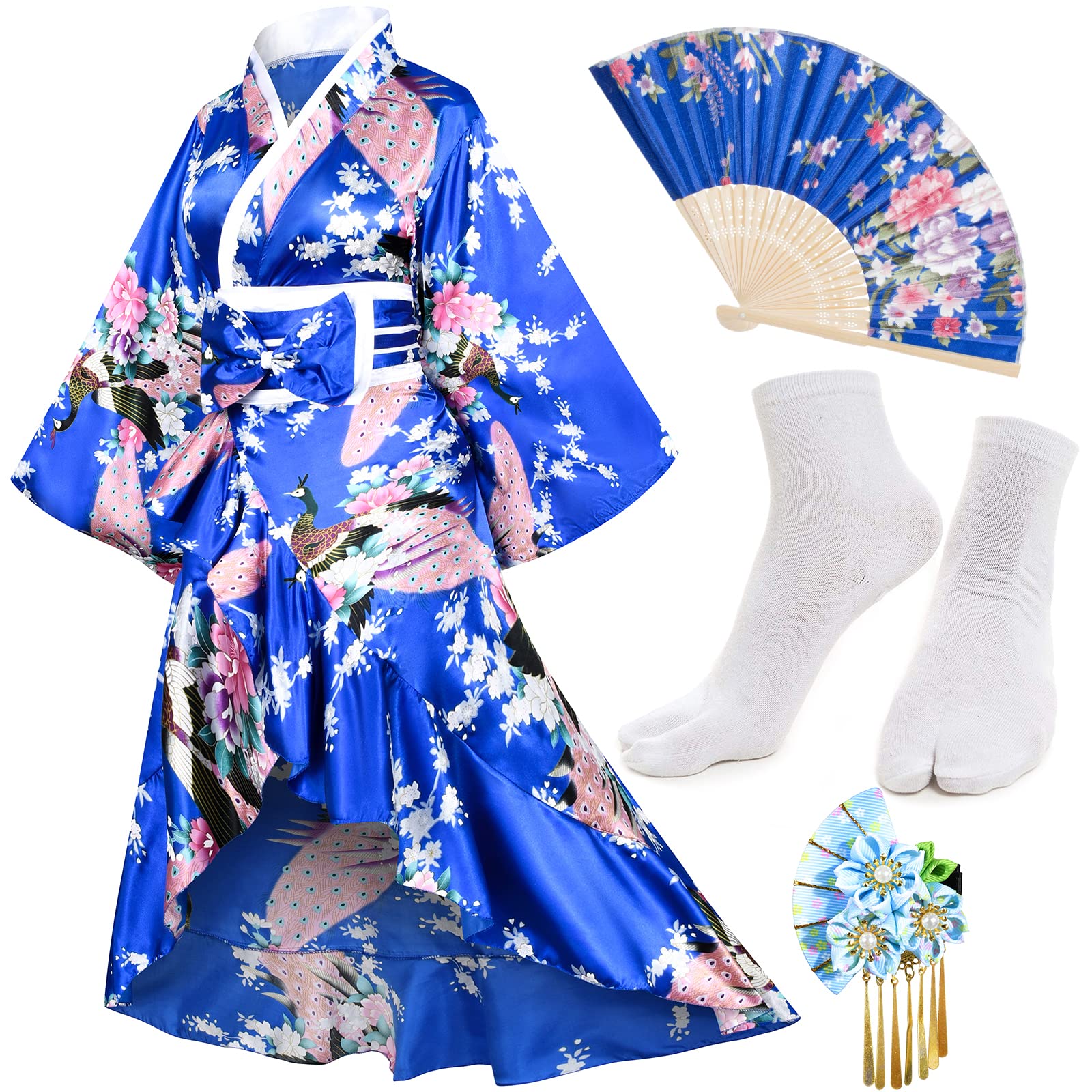 Kimono-Set für Damen, Geisha-Yukata mit Smoking-Rüschen, Satin-Bademantel und Nachtwäsche mit Blütenmuster, inklusive Fächer und Tabi-Socken