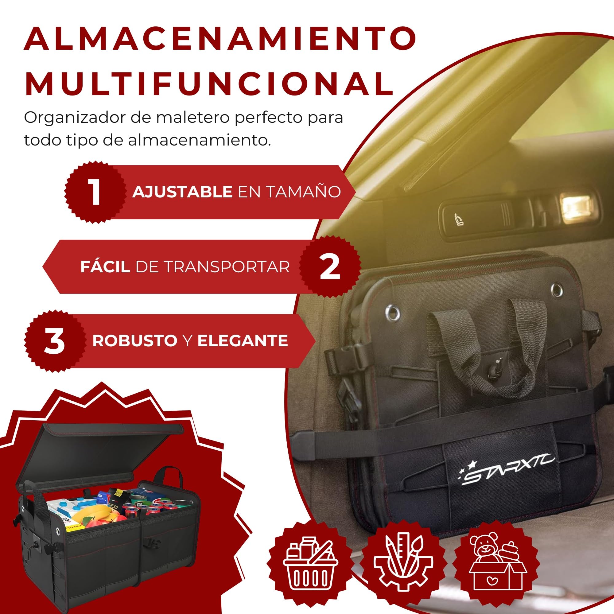 Organizador de Maletero Coches y SUV, Plegable con Tapa, Ajustable, 2 en 1 Set - Caja Maletero - Bolsa Maletero Coche - Organizador Coche Maletero - Caja Plegable
