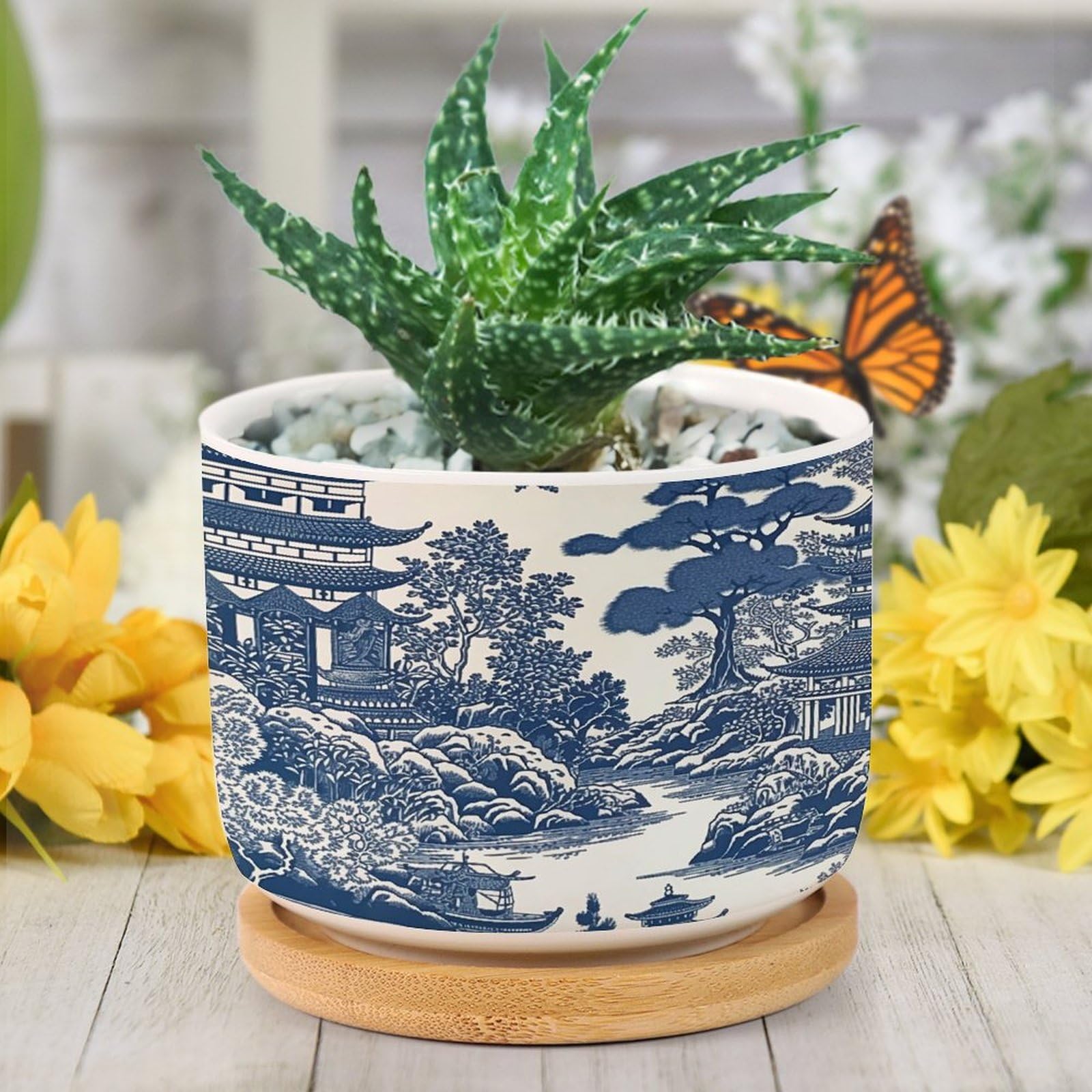 Planters Ceramic Chinoiserie Blue And White Porcelain Pattern Ceramic Pots with Drainage Holes Round Flowerpot Bamboo Tray Plant Pots for Succuelnt