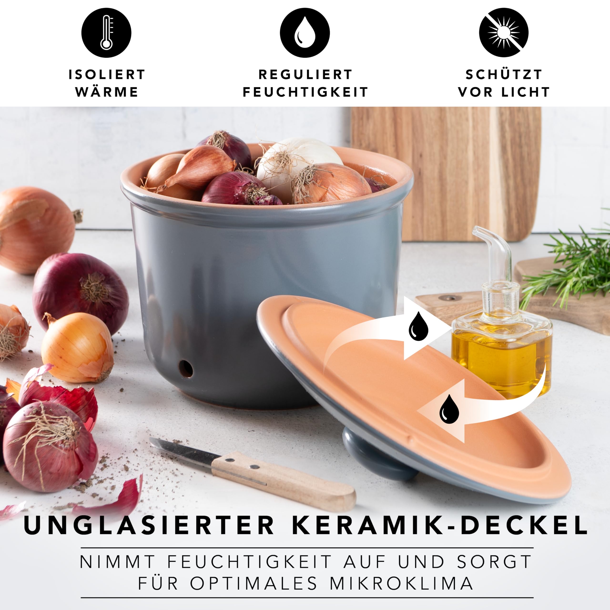 Römertopf MAXI – Olla de cerámica para cebollas y verduras, 2,8 L, transpirable y ventilada, base esmaltada, apta para lavavajillas, gris y azul