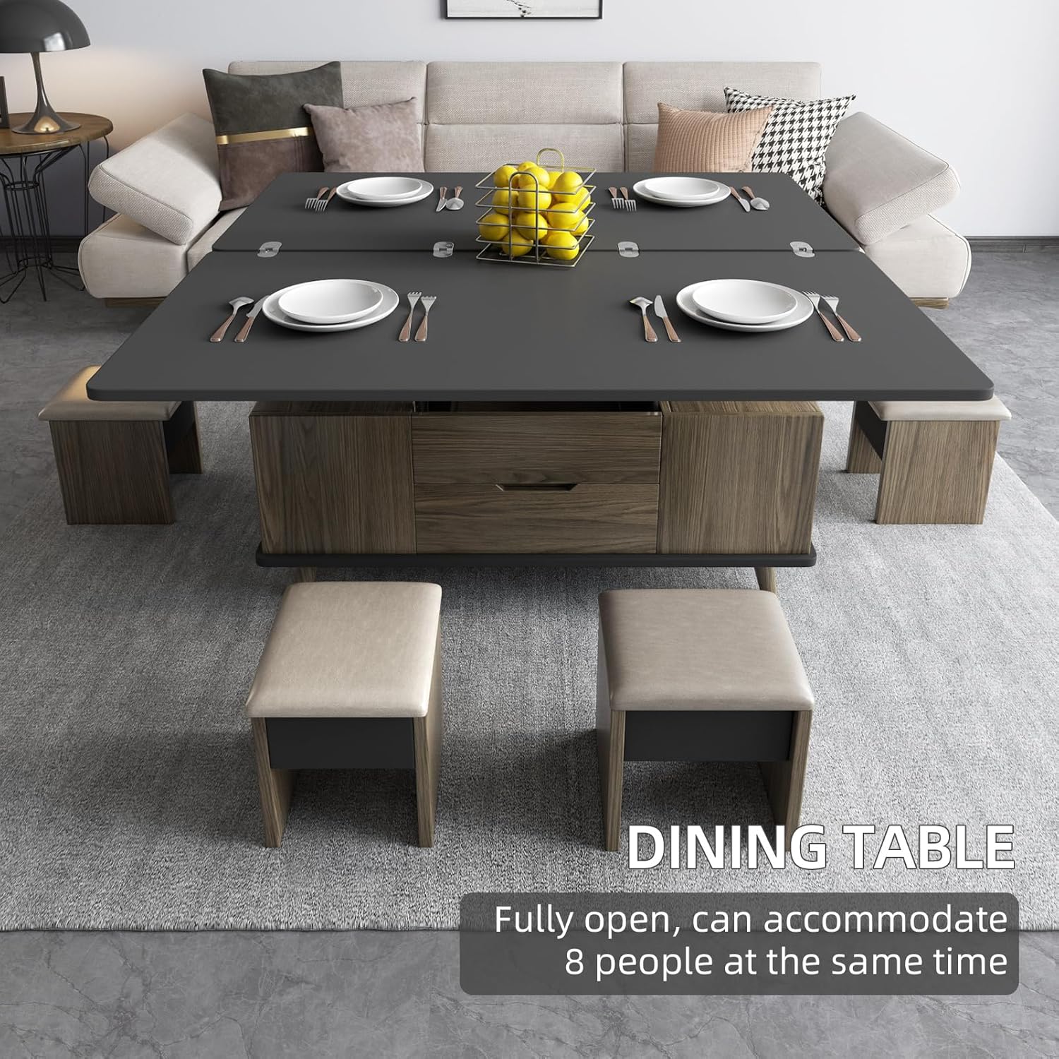 Lift Top Coffee Table with 4 Pu Stools, Classic Brown Contrast Black Coffee Table Converts to Dining Table, Center Table with Plenty Storage Space for Living Room