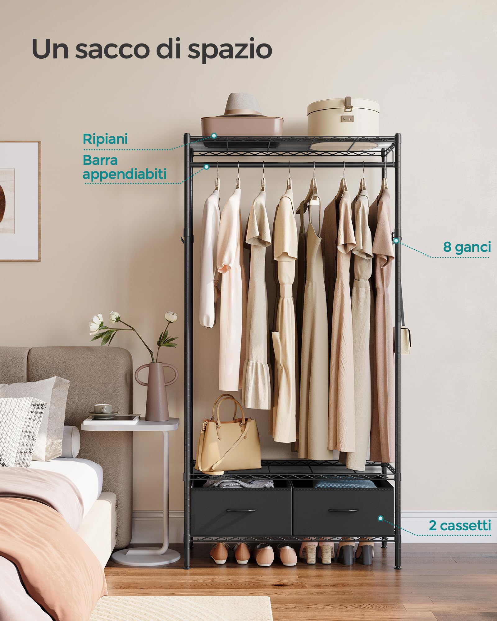 SONGMICS Armadio, Guardaroba in Metallo con Ripiani a Rete, 2 Cassetti in Tessuto, Barra Appendiabiti e Ganci, Stand Appendiabiti, Nero Inchiostro LGR411B02