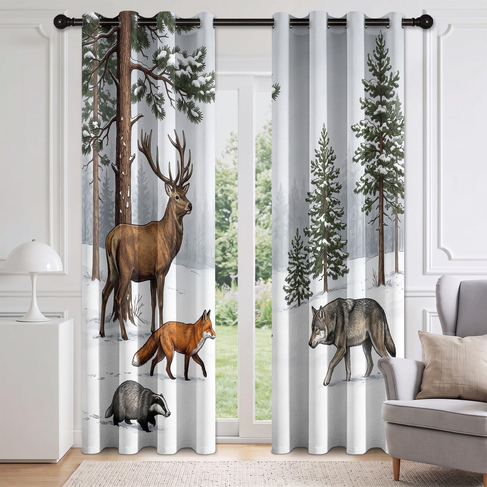 Generisch Natur Wald Tiere Vorhänge für Schlafzimmer 138 x 117 cm (H x B), Thermo Verdunkelung Hirsch Rotfuchs Vorhang Wohnzimmer Kälteschutz - Blickdichte Gardinen mit Ösen, 2 Stück