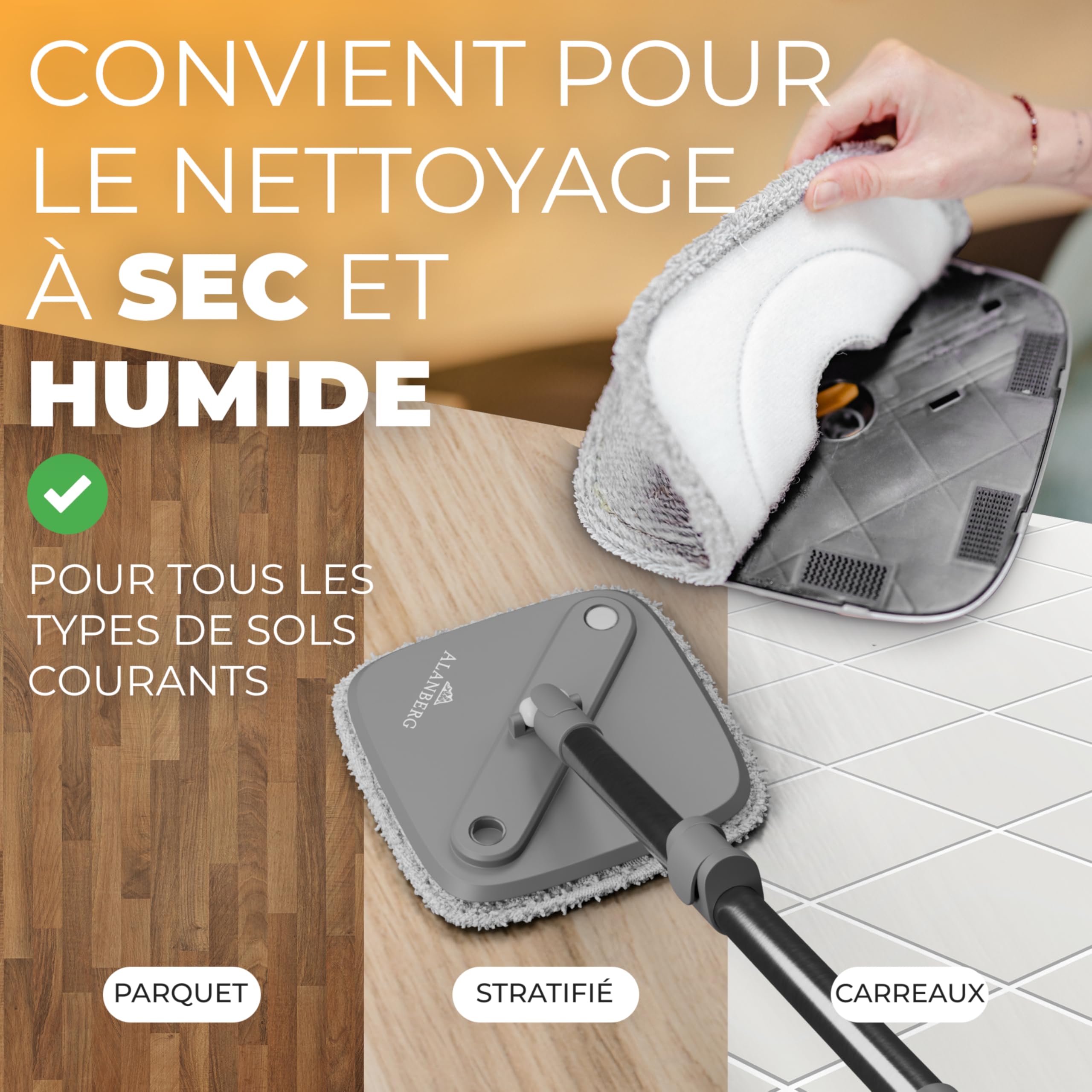 Serpillière et Seau Essoreur – Système à 2 Compartiments avec 2 Tampons Microfibre, Balai Plat de Nettoyage Sol et Ménage, Mop de Sol Plat avec Seau de Nettoyage, Gris – ALANBERG®