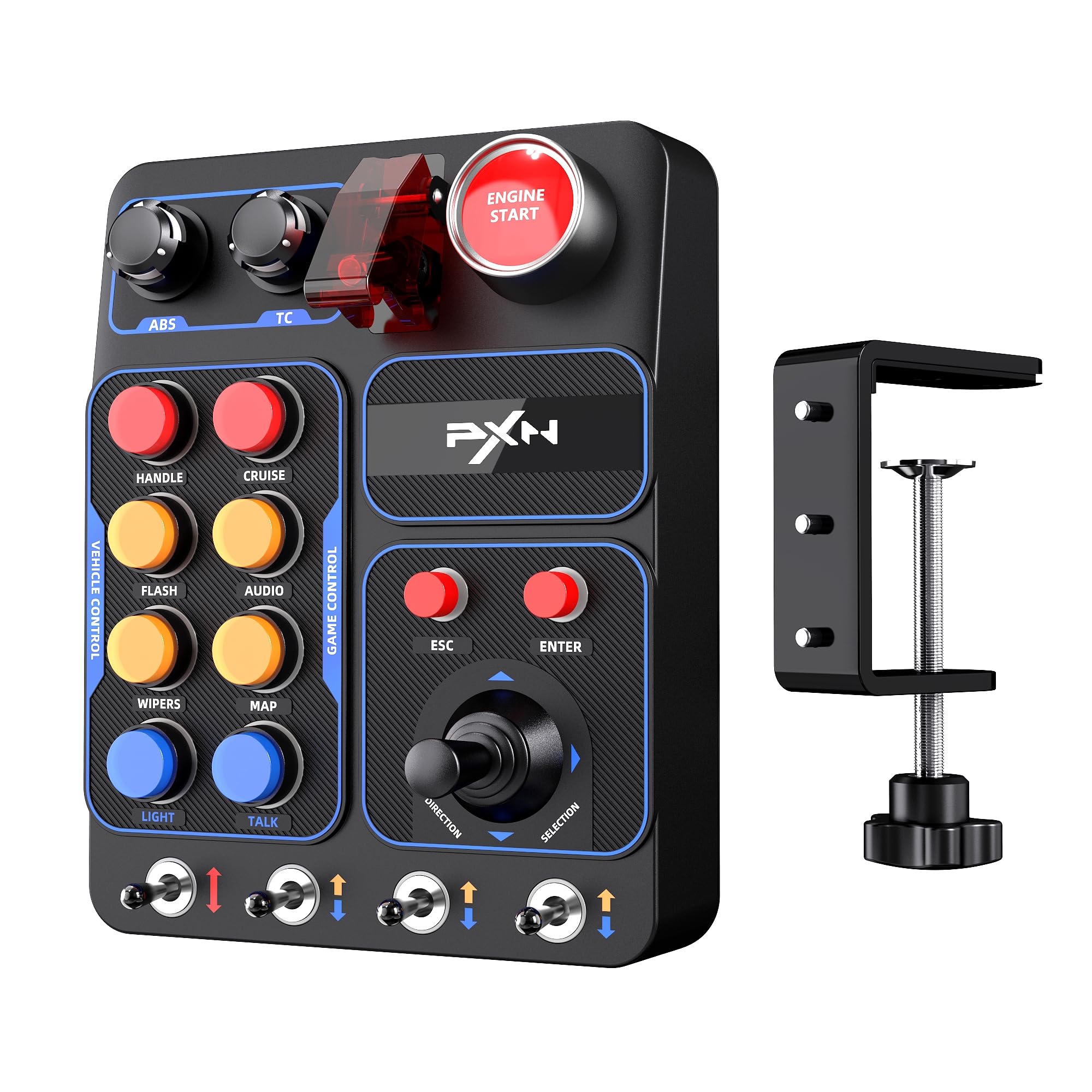 PXN CB1 Button Box, Scatola di Controllo PC per giochi di simulazione di corse, camion, volo e agricoltura | 19 tasti e interruttori Sim, Illuminazione RGB regolabile, Morsa di montaggio