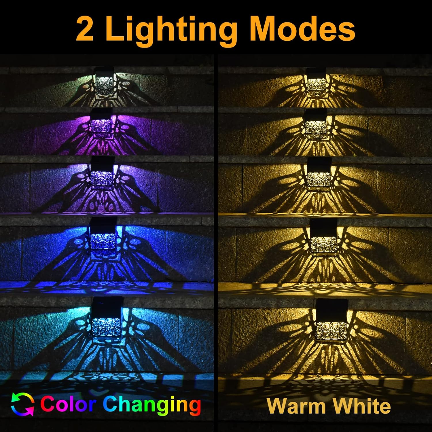 10 Pack Solar Deck Lights Outdoor Decorative, Stay on from Dusk to Dawn Fence Solar Lights, 2 Modes: Warm White / RGB, IP65 Waterproof Solar Powered LED Light for Patio Step Yard Stair Wall Post Decor