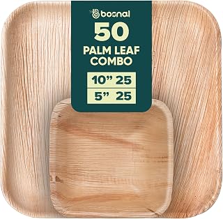 BOSNAL Palm Leaf Biodegradable Plates and Bowls Combo – 50 pcs (25 pcs each of 10 Inch Square Plates + 5 Inch Soup Bowl) | Eco-Friendly, Disposable Dinnerware for Parties, Weddings & Events
