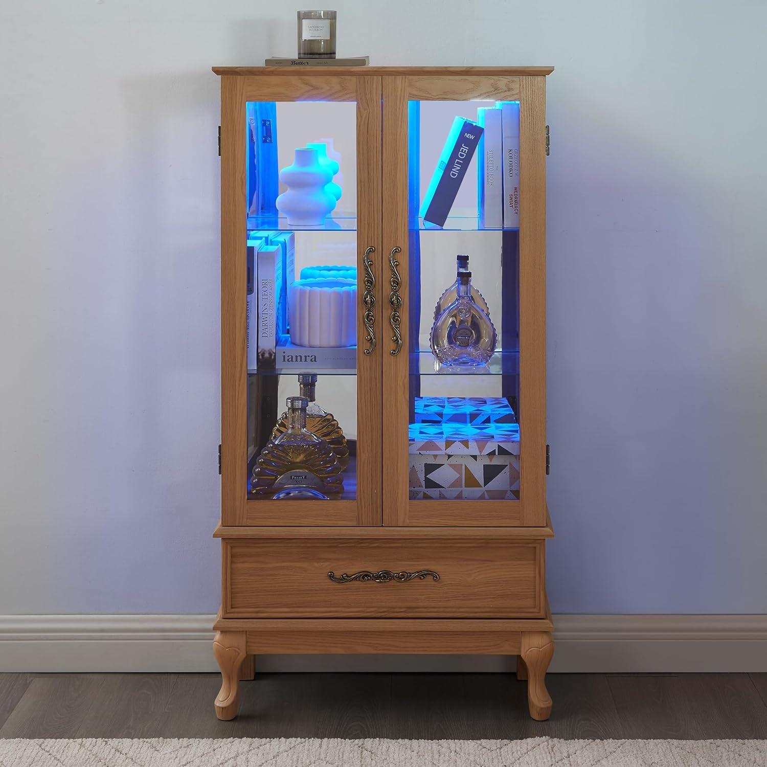 Glass Display Cabinet with Glass Doors - Curio Display Case with Adjustable Shelves, Storage Drawer, Corner Living Room Collectibles Wood Frame Vitrinas Cabinets,Kitchen, Pantry,Home,LightOak