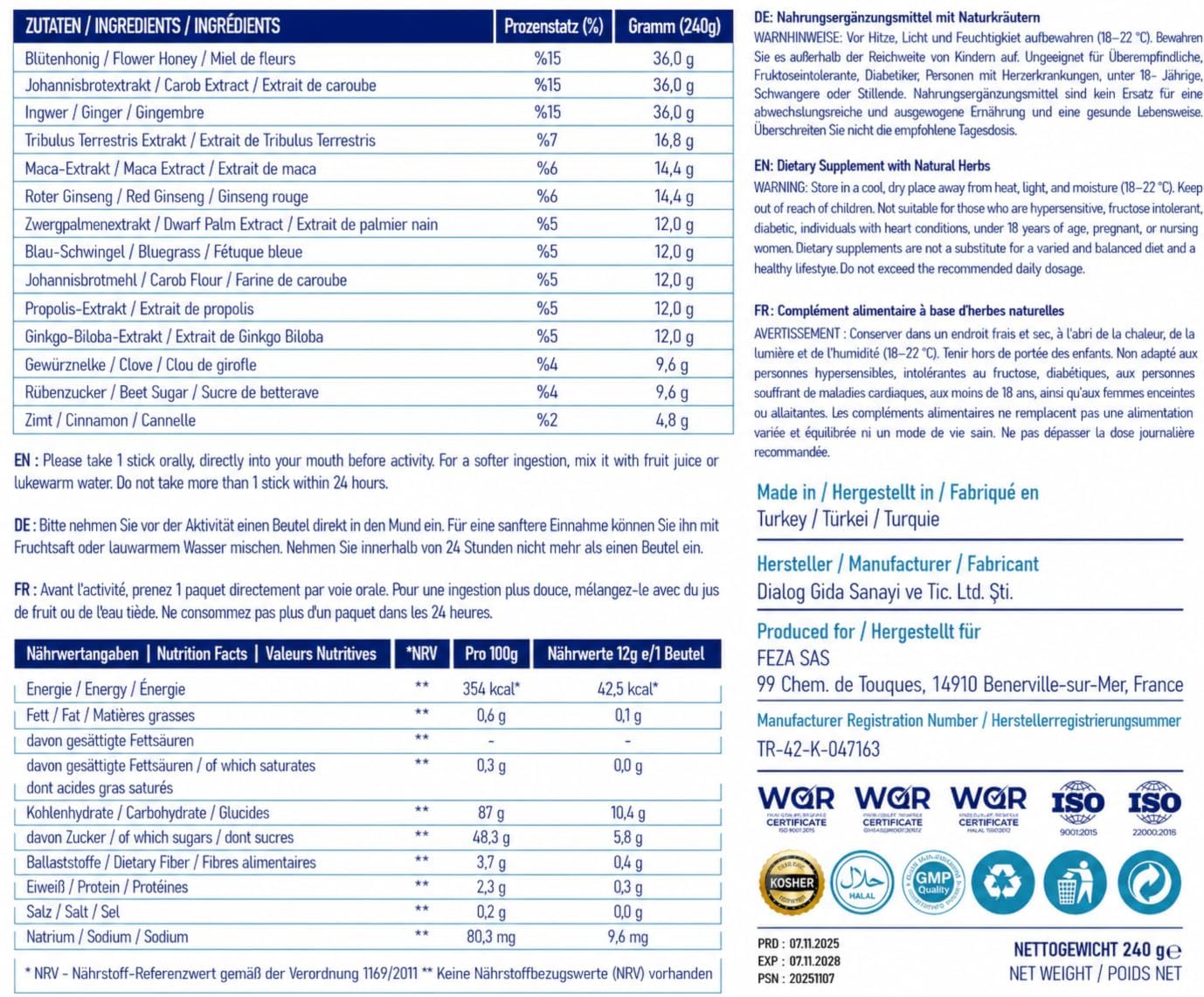 VTL Germany 240g Glas, Sehr Stark für aktive Männer, HOCHDOSIERT Maca und Tribulus Herbal Gel Supplement - 1 Stück