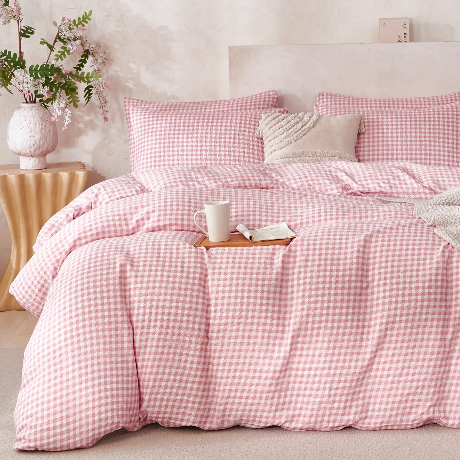 TISPLR Comforter King Set Pink Grid Soft Luxury Washed Microfiber 3 Pieces Bedding, White Pink Grid Pattern Comforter with 2 Pillowcases Breathable Durable Comfy