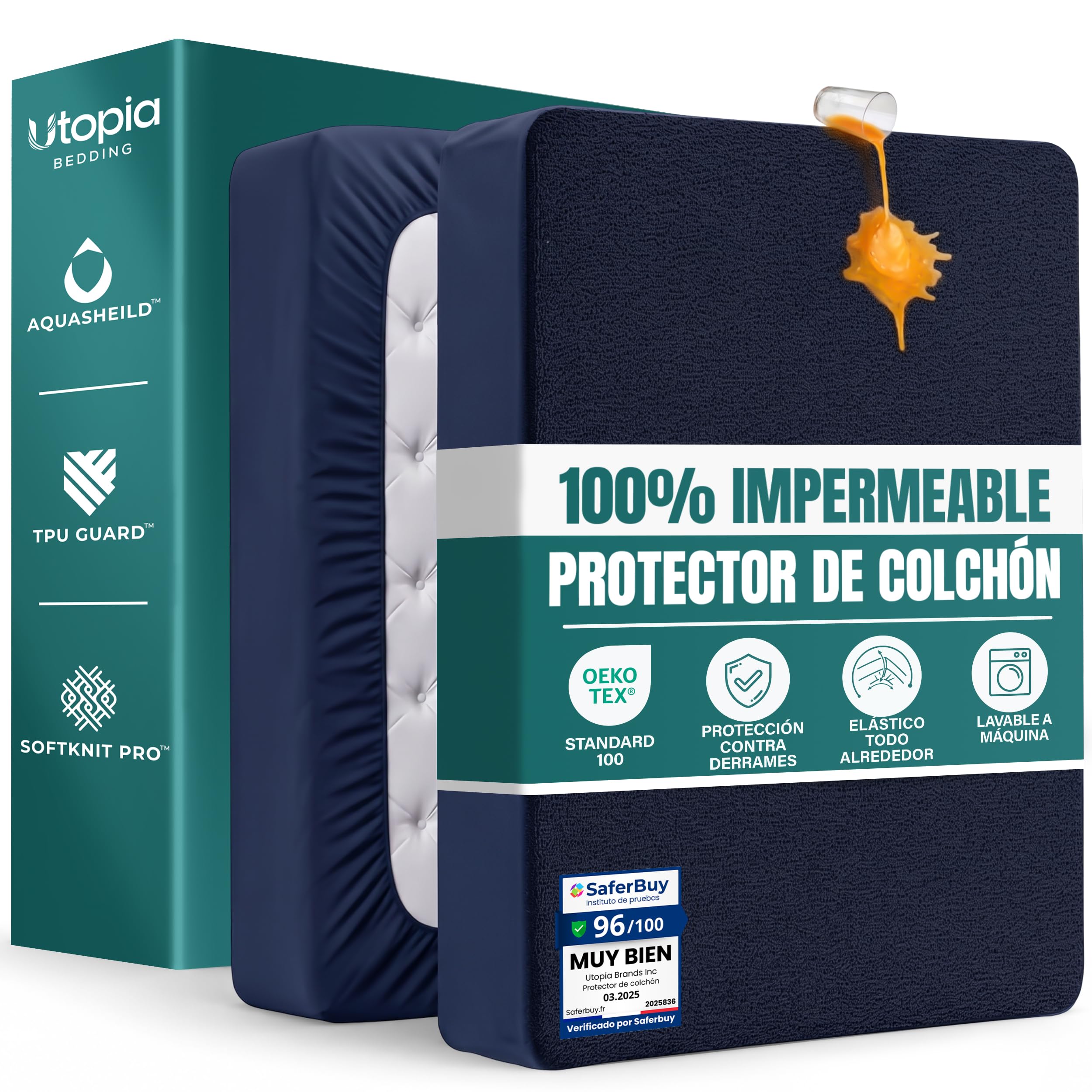 Utopia Bedding Protector Colchón 135 x 190 x 40 cm Impermeable, Certificación Oeko-Tex Funda Colchón, Cubre Colchón Transpirable, Elástico En Todo El Contorno Azul Marino